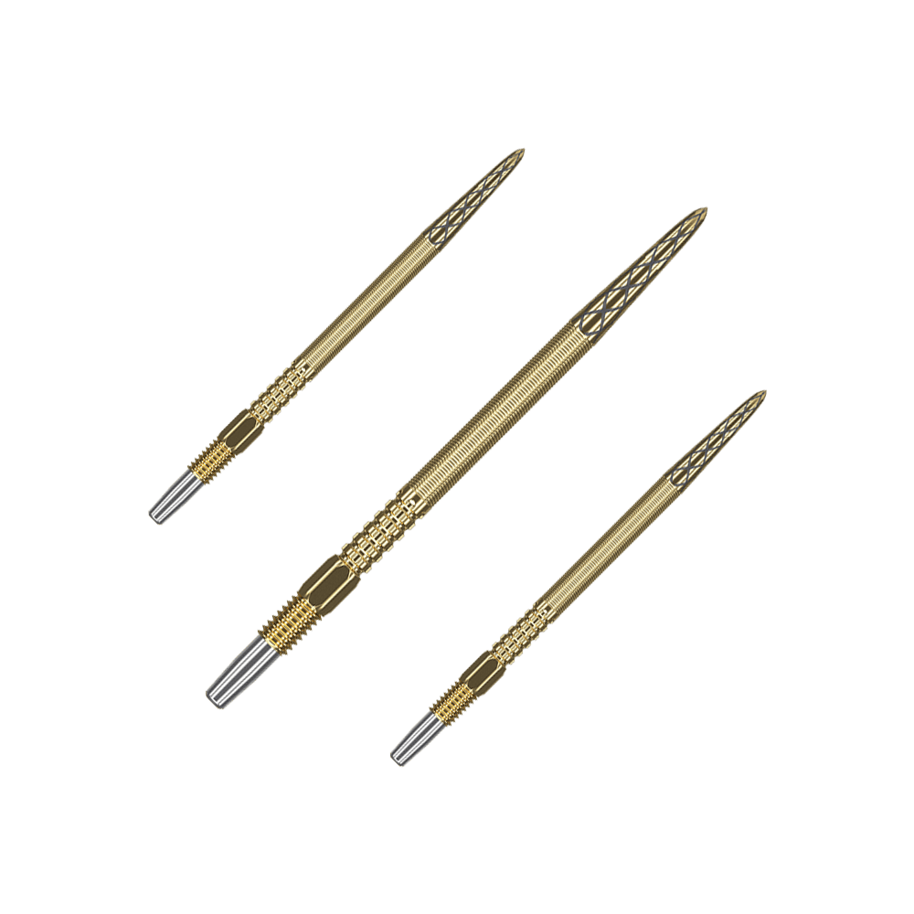 Target Swiss Point DX Dartspitzen - Gold Auf dem Bild sind drei goldene Dartspitzen zu sehen. Sie haben ein feines Rillenmuster und silberne Enden.