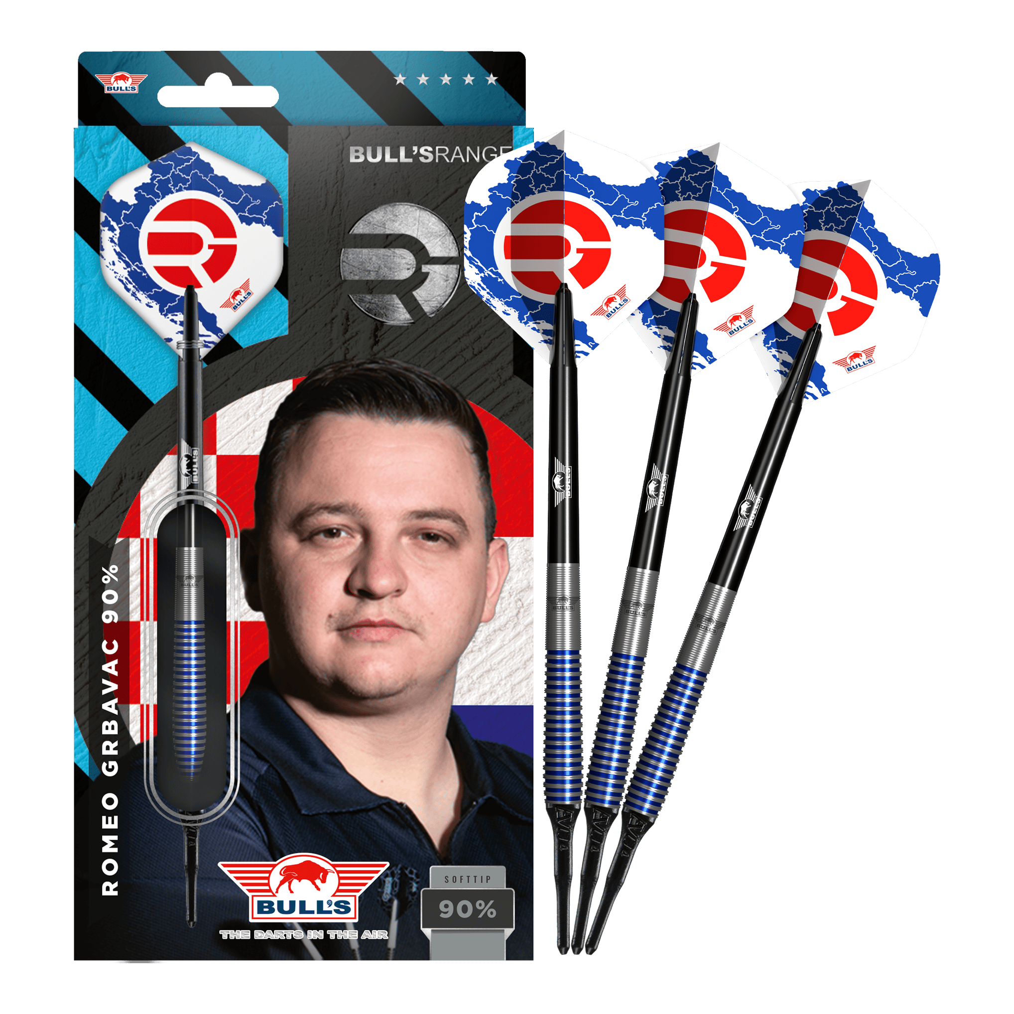Bulls NL Romeo Grbavac Softdarts- 19g Das Bild zeigt das Produkt "Bulls NL Romeo Grbavac Softdarts- 19g" mit einer Verpackung, auf der ein Porträt des Spielers abgebildet ist. Neben der Verpackung sind drei Softdarts mit blau-schwarzen Schäften und auffälligen Flights zu sehen.
