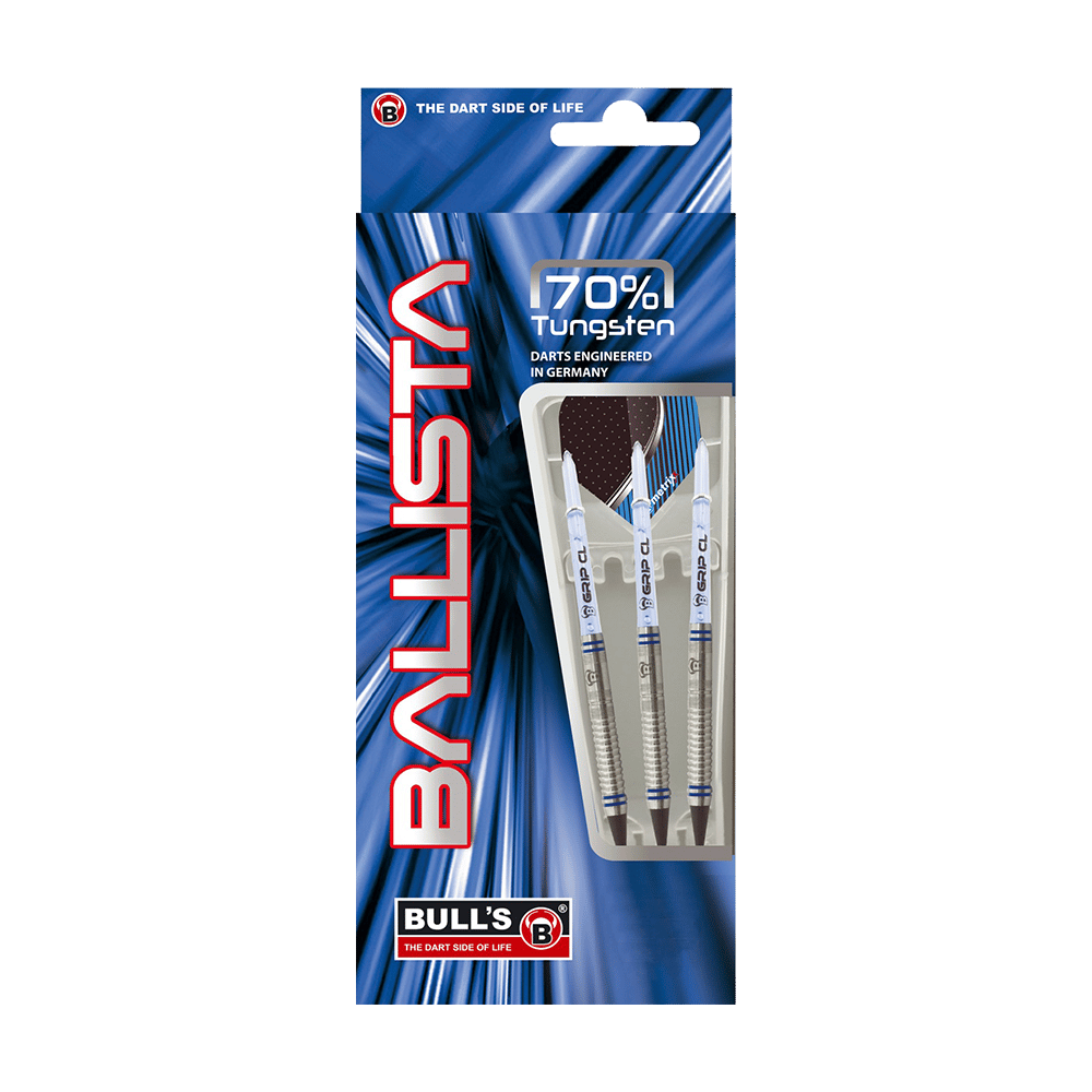 Das Bild zeigt die Verpackung der "Bulls Ballista B1 Softdarts - 18 g". Die Darts bestehen zu 70 % aus Tungsten und sind in einer blauen Verpackung präsentiert.