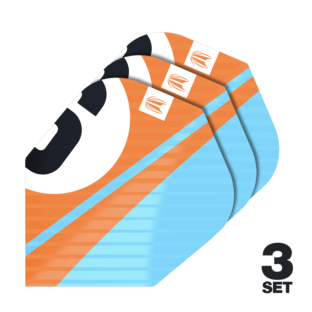 Das Bild zeigt drei Sets von Target Pro Ultra Chicane Orange No6 Flights für Dartpfeile. Die Flights sind in Orange, Blau und Schwarz gestaltet und tragen das Target-Logo.