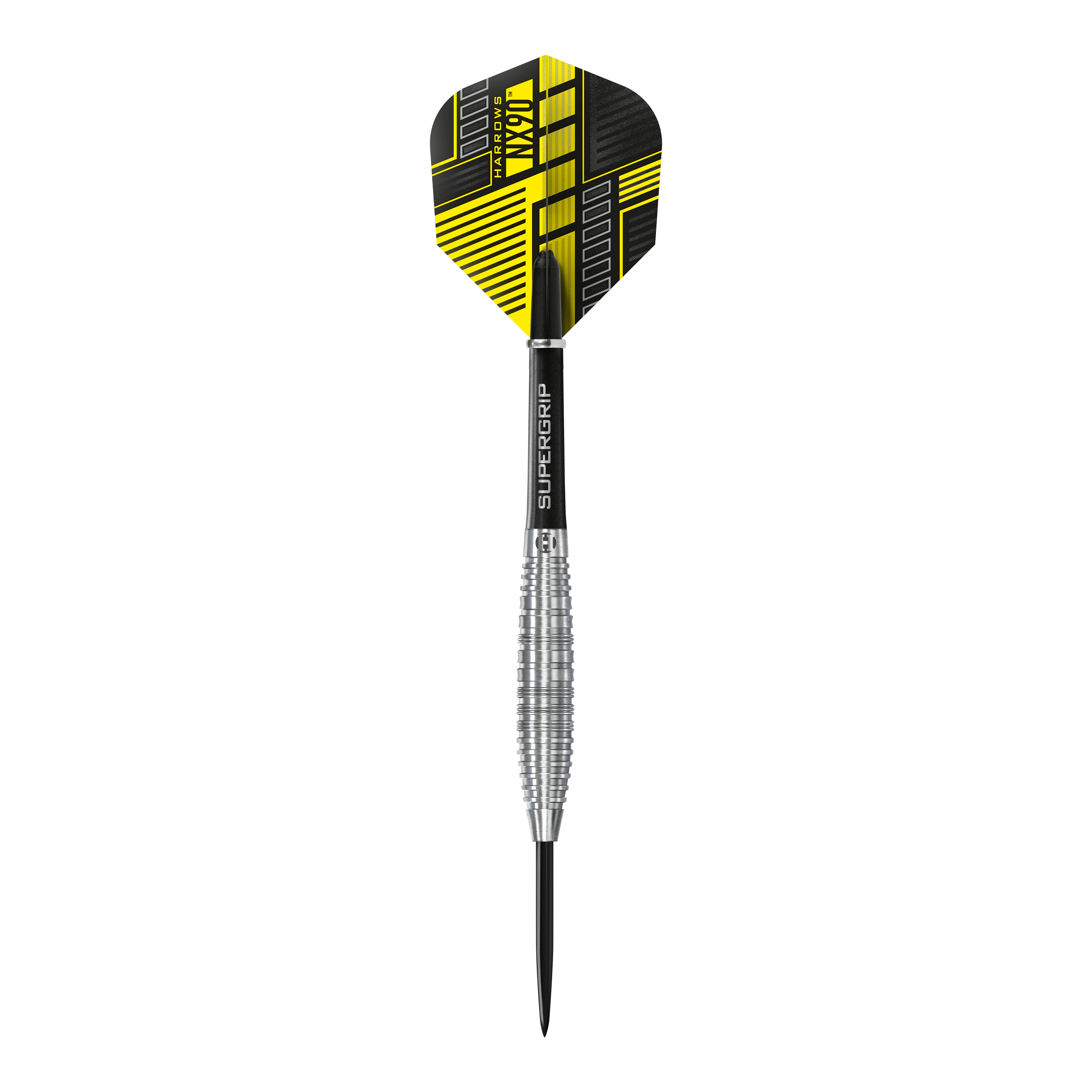 Das Bild zeigt einen Harrows NX90 Bomb Steeldart mit einer schwarz-gelben Flight. Der Dart hat einen silbernen Griff und eine schwarze Spitze.