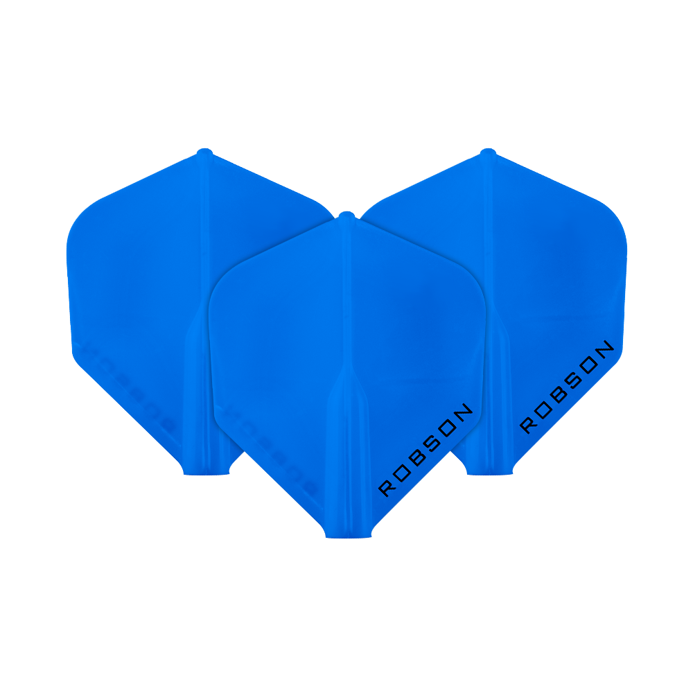 Robson Plus Standard Flights Das Bild zeigt drei blaue Dart-Flights der Marke Robson. Auf jedem Flight steht das Wort "ROBSON" in schwarzer Schrift.