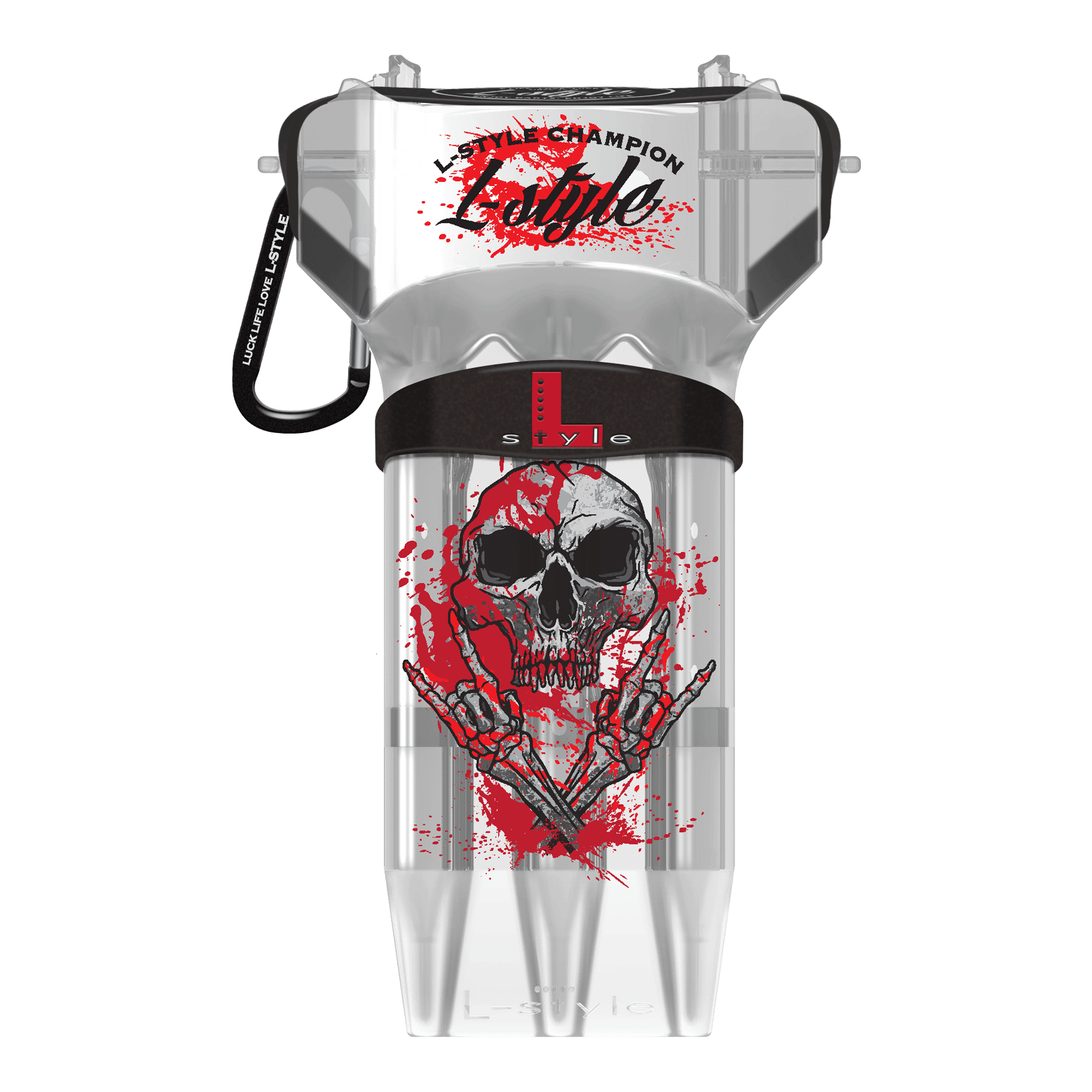 Das Bild zeigt ein durchsichtiges Dartcase mit dem Namen "L-Style Krystal One Ryan Searle V3 Clear Dartcase". Auf dem Case ist ein Totenkopf mit roten Farbspritzern und gekreuzten Knochen abgebildet.