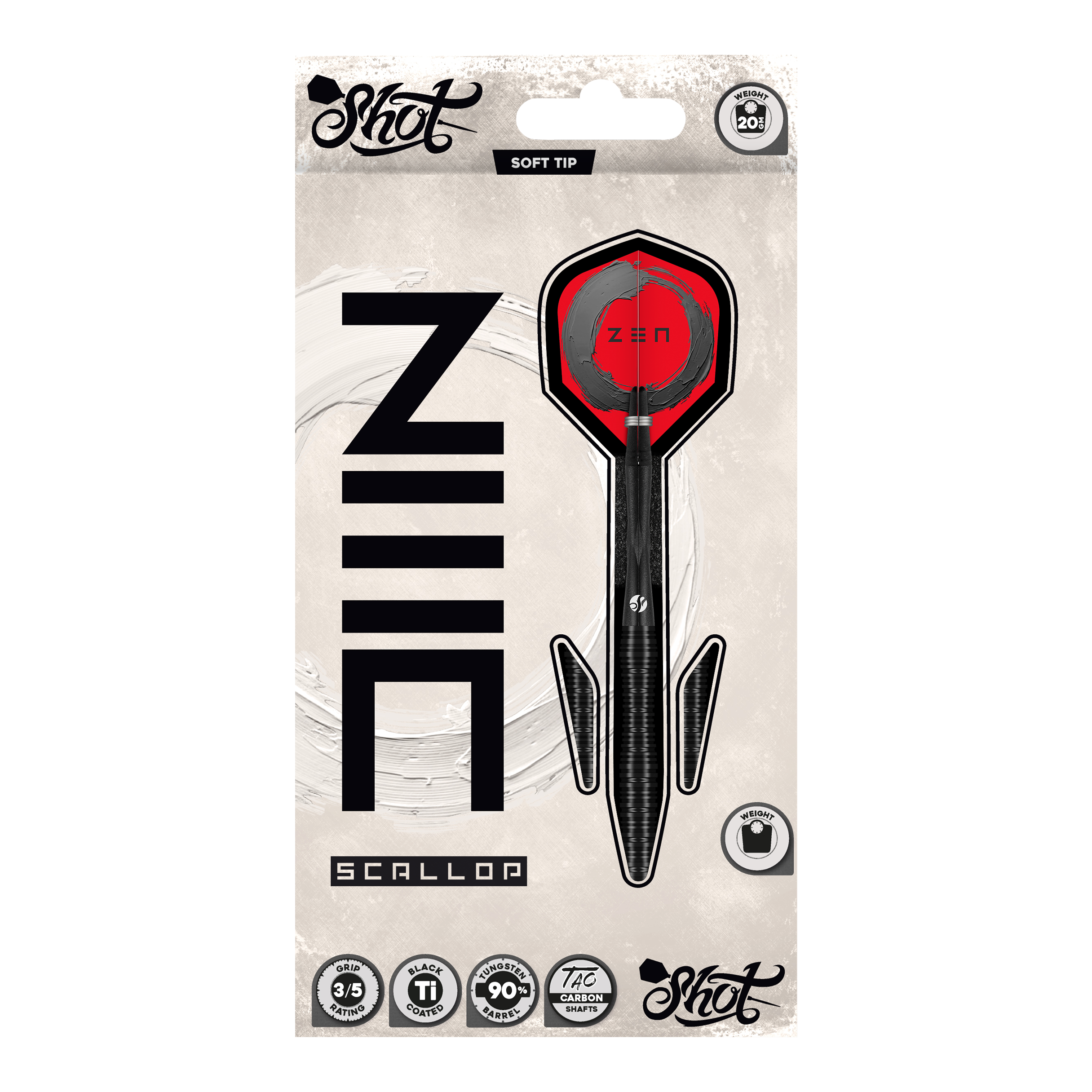 Shot ZEN Scallop Softdarts - 20g Das Bild zeigt die Shot ZEN Scallop Softdarts mit einem Gewicht von 20 Gramm. Die Darts sind für Softdart geeignet und haben ein modernes Design.