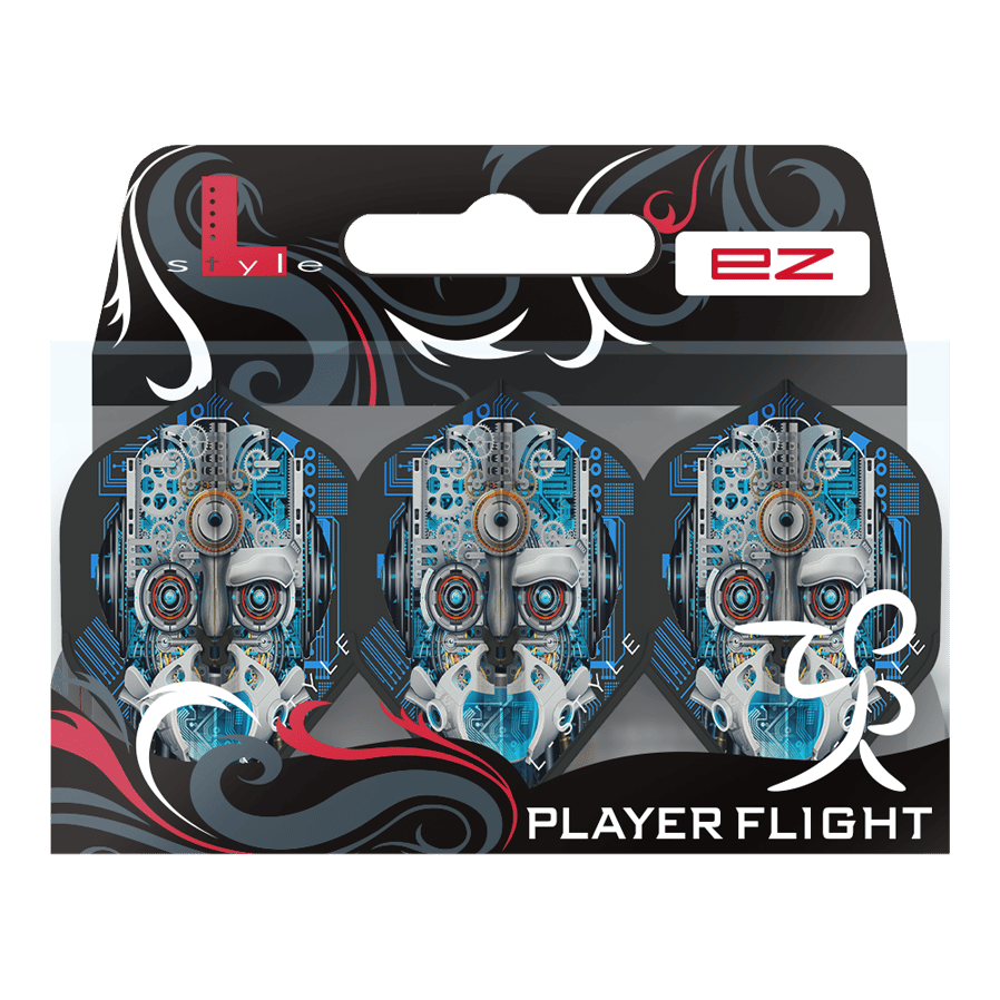 Das Bild zeigt eine Packung mit drei "L-Style Berry Van Peer V3 Black L1EZ Flights". Auf den Flights ist ein auffälliges, technisches Roboter-Gesicht in Blau- und Grautönen abgebildet.