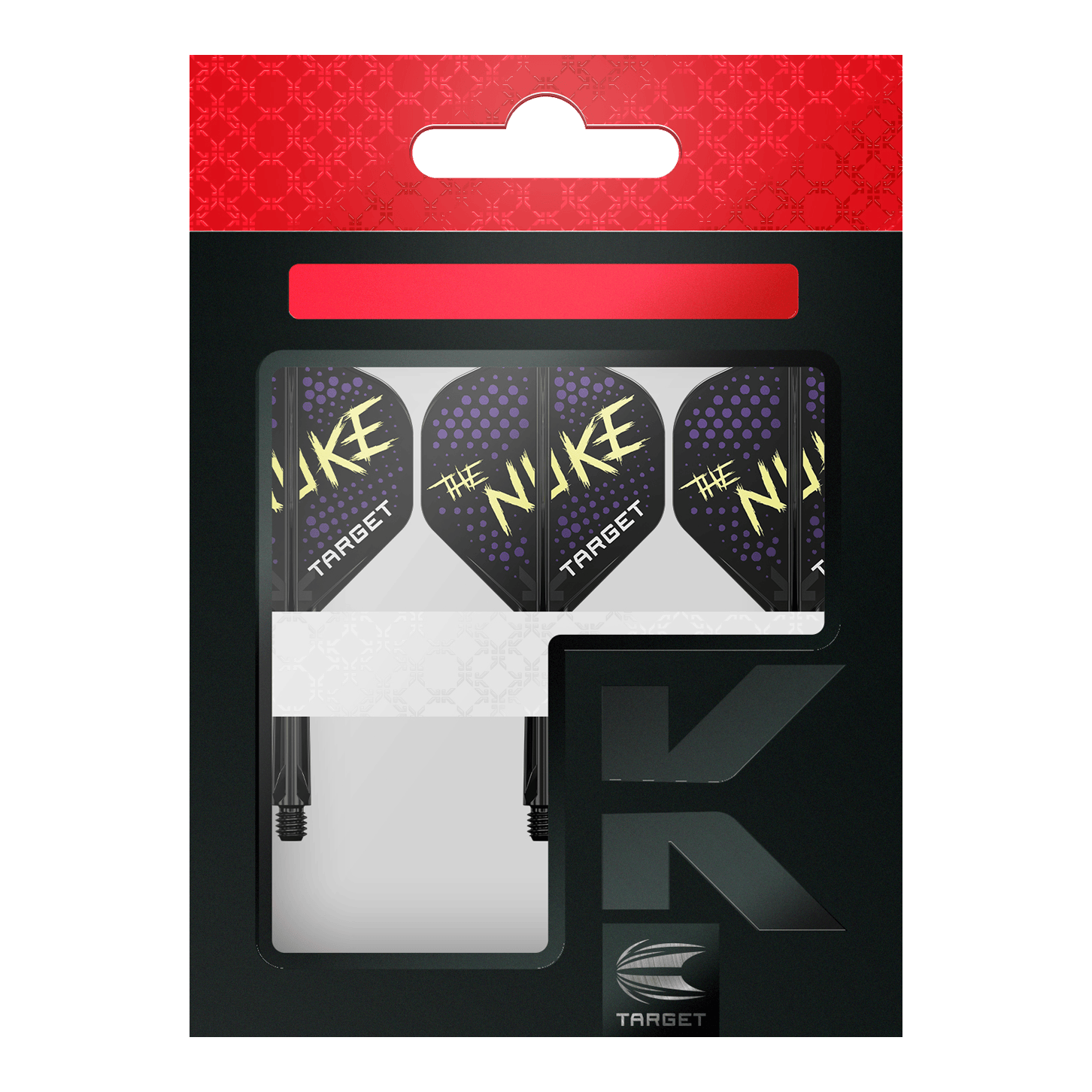 Target K-Flex Luke Littler Black No2 Standard Flight-System Auf dem Bild ist eine Verpackung mit drei Dartflights zu sehen. Die Flights sind schwarz mit lila Punkten und der gelben Aufschrift "THE NUKE" sowie dem weißen Wort "TARGET".