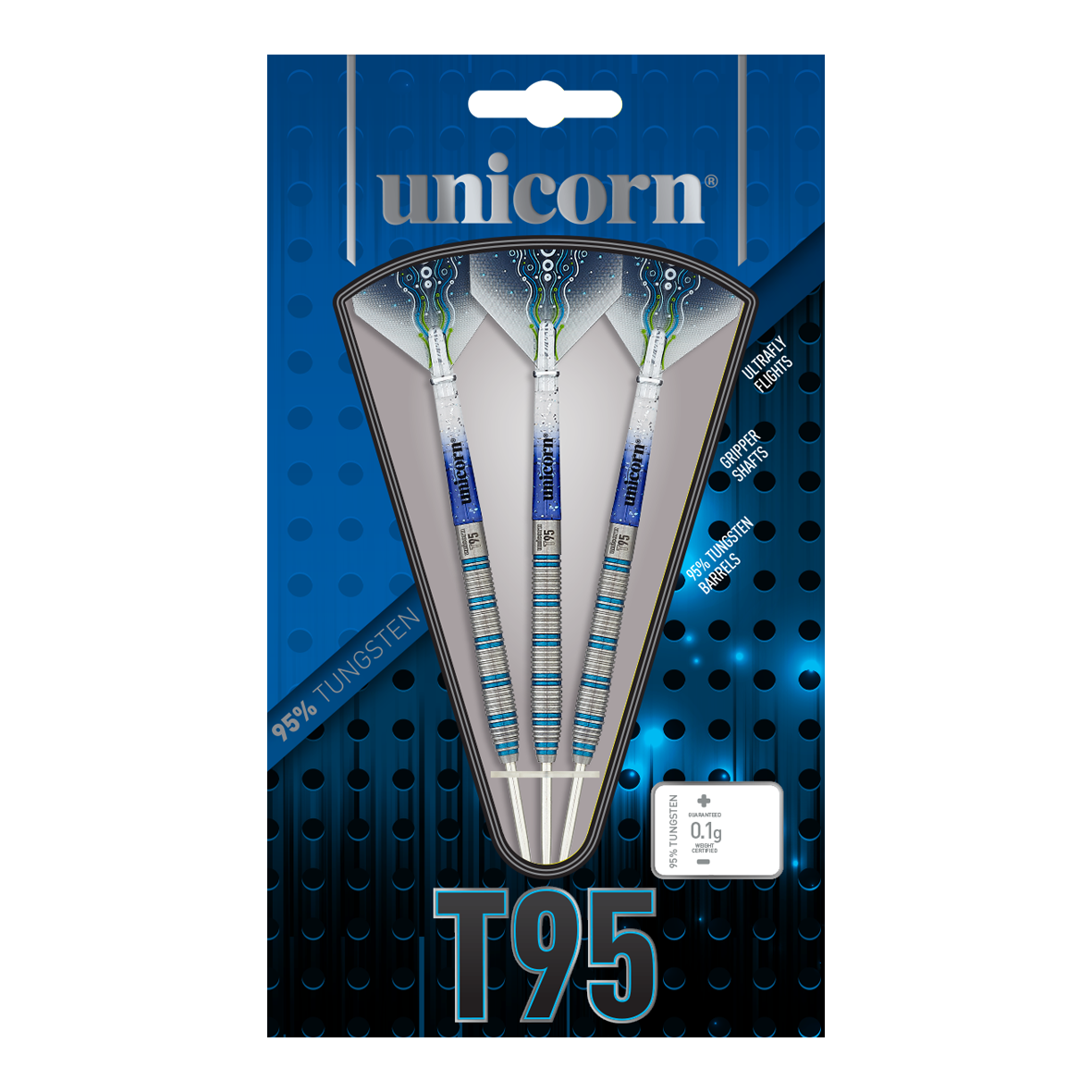 Das Bild zeigt das Produkt "Unicorn T95 Core XL Blue Style 1 Steeldarts" in einer blauen Verpackung. Die Verpackung hebt die Merkmale wie 95% Tungsten und ultraleichtes Design hervor.
