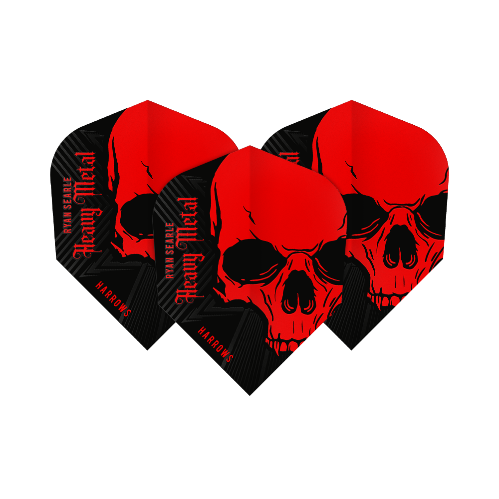 Harrows Ryan Searle Heavy Metal No6 Flights Das Bild zeigt die Harrows Ryan Searle Heavy Metal No6 Flights. Die Flights sind schwarz und rot gestaltet und zeigen einen auffälligen Totenkopf mit dem Schriftzug "Heavy Metal".