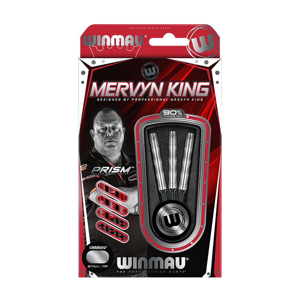 2046-18-Winmau-Mervyn-King-90-Softdarts-3 Die Abbildung zeigt die Verpackung der "Winmau Mervyn King Tungsten Softdarts - 18g". In der Packung befinden sich drei hochwertige Softdarts, die zu 90% aus Tungsten bestehen.