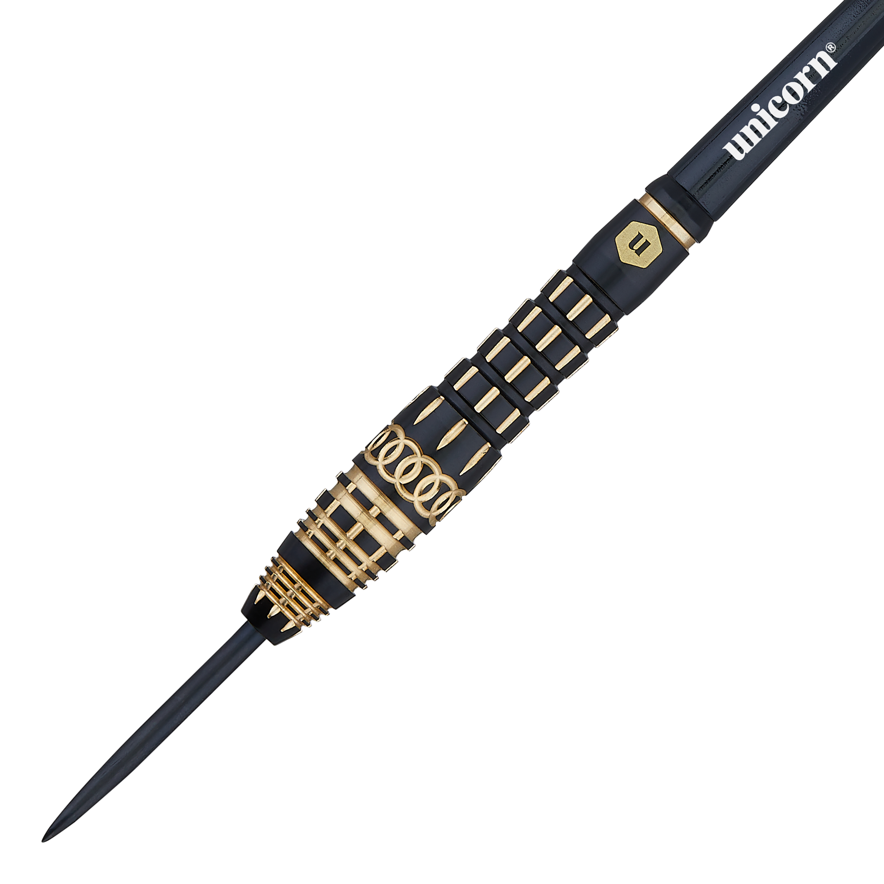Unicorn Top Brass V4 Steeldarts - 20g Das Bild zeigt einen Unicorn Top Brass V4 Steeldart mit 20g Gewicht. Der Dart ist schwarz mit goldenen Akzenten und trägt das Unicorn-Logo.