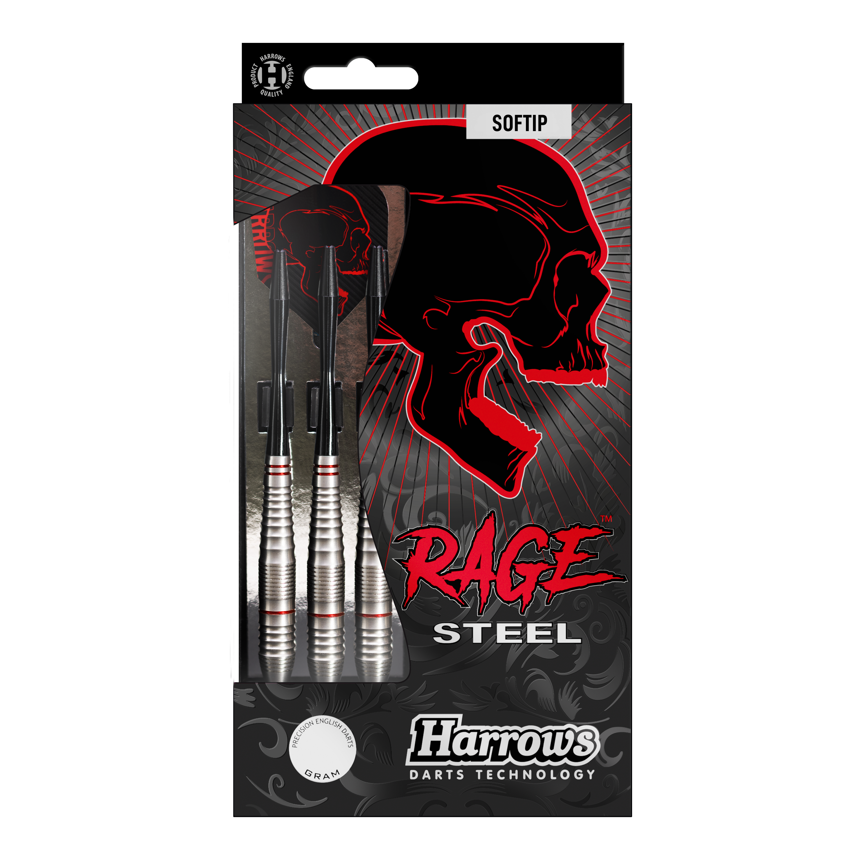 Harrows Rage Softdarts Das Bild zeigt eine Packung Harrows Rage Softdarts mit drei silbernen Darts. Auf der Verpackung ist ein roter Totenkopf und der Schriftzug "Rage" auffällig zu sehen.