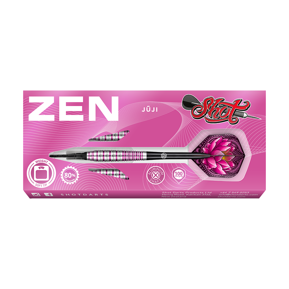67149_Shot_ZEN_Juji_Softdarts_3 Die Verpackung zeigt ein Set von ZEN Juji Softdarts in kräftigem Pink mit einem Lotusblumen-Motiv. Auf der Packung sind Informationen zu Gewicht, Material und der Marke Shot sichtbar.