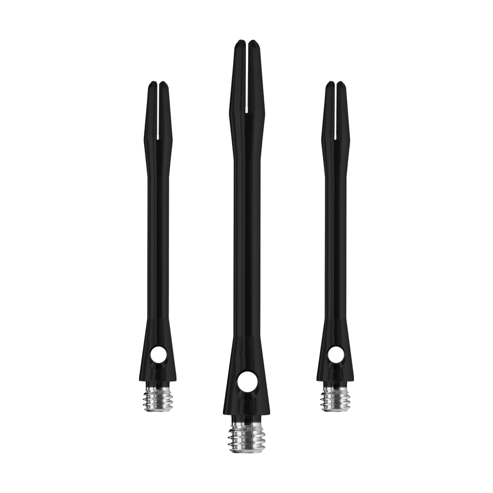 Das Bild zeigt drei Harrows Keramic Shafts in Matt Schwarz. Sie sind in verschiedenen Längen abgebildet und haben ein modernes, schlichtes Design.