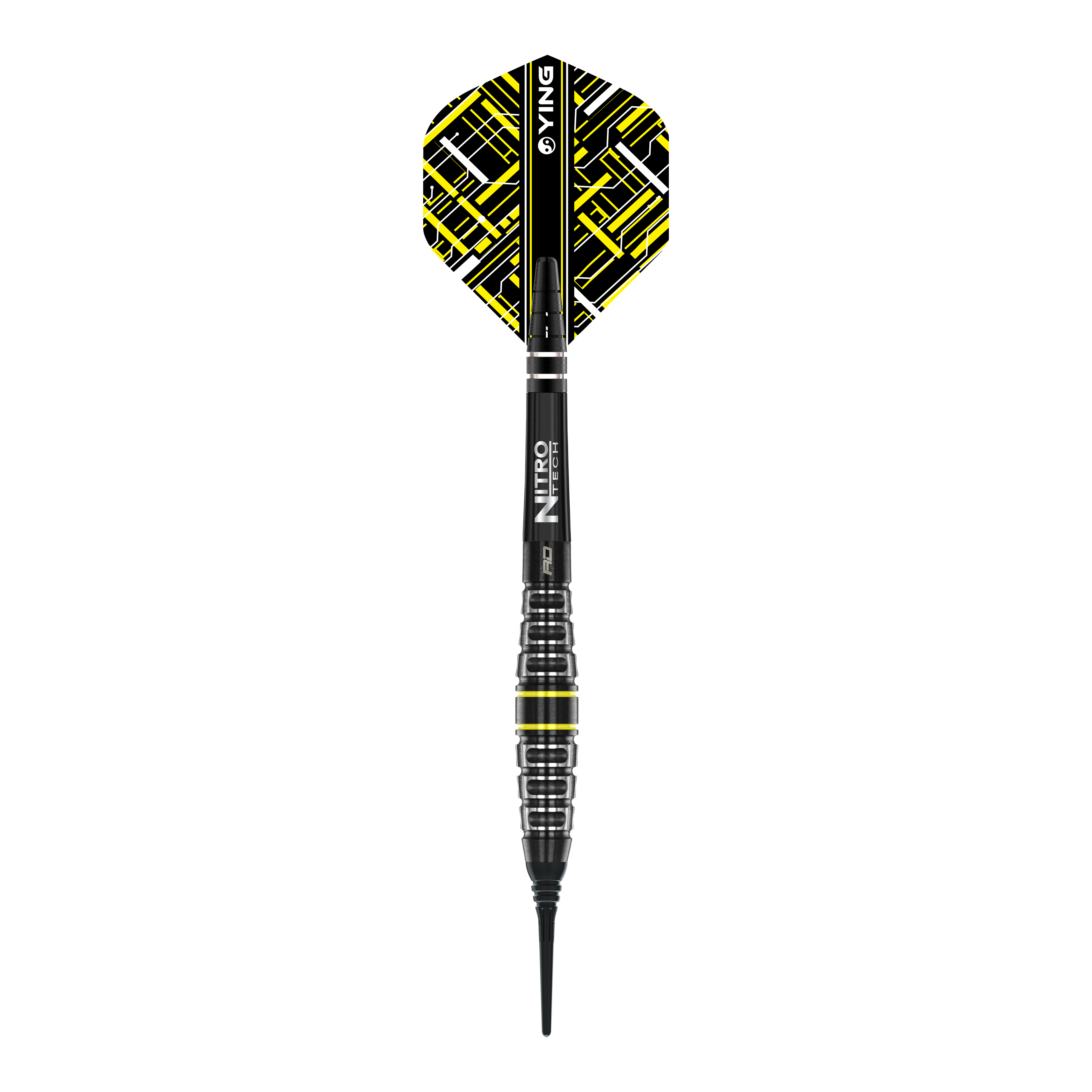 Das Bild zeigt den Red Dragon Astraeus Q4X Torpedo Softdart mit einem Gewicht von 20g. Der Dart hat ein modernes Design mit schwarzen und gelben Akzenten.