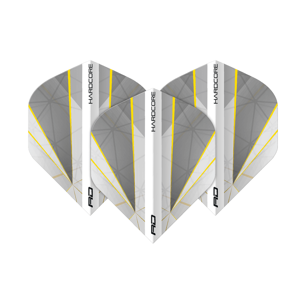 Das Bild zeigt drei Dart-Flights des Produkts "Red Dragon Hardcore Seren Pure No2 Standard Flights". Die Flights sind grau mit weißen und gelben Linien und tragen die Aufschrift "HARDCORE".