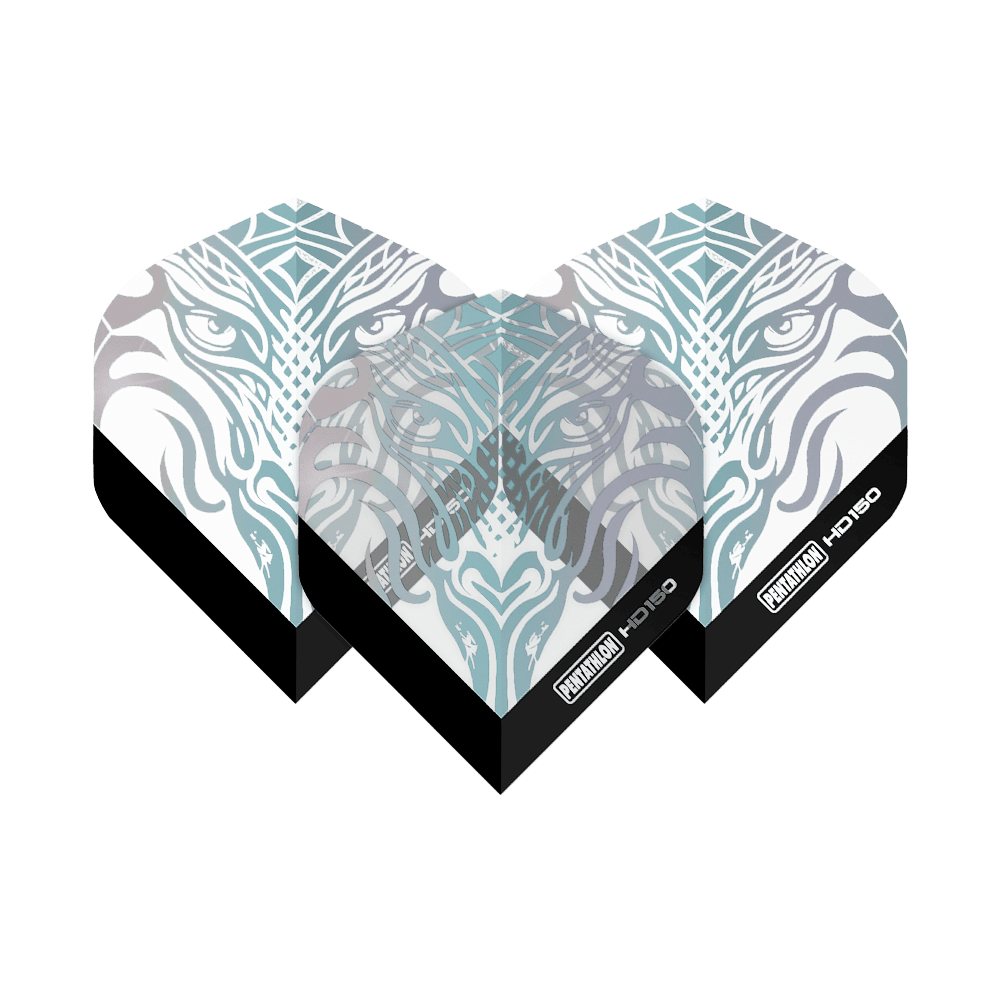 Pentathlon HD150 Metallic Clear Standard Flights Das Bild zeigt die Pentathlon HD150 Metallic Clear Standard Flights mit einem stilisierten, tierischen Gesichtsmuster. Die Flights sind größtenteils durchsichtig mit silbernen und metallischen Akzenten sowie schwarzem Rand unten.