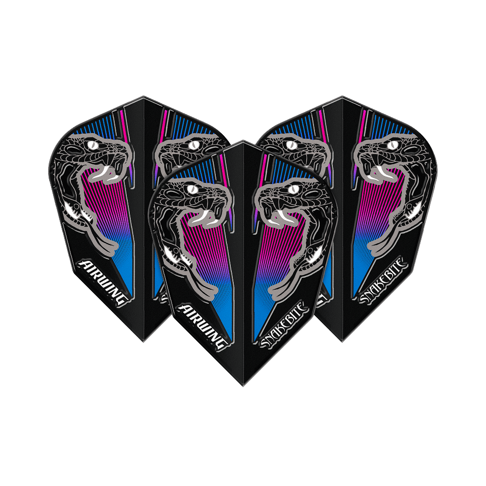 Das Bild zeigt vier Dart-Flights mit einem auffälligen Schlangenkopf-Design in Schwarz, Blau und Pink. Auf den Flights stehen die Wörter "AIRWING" und "SNAKEBITE".