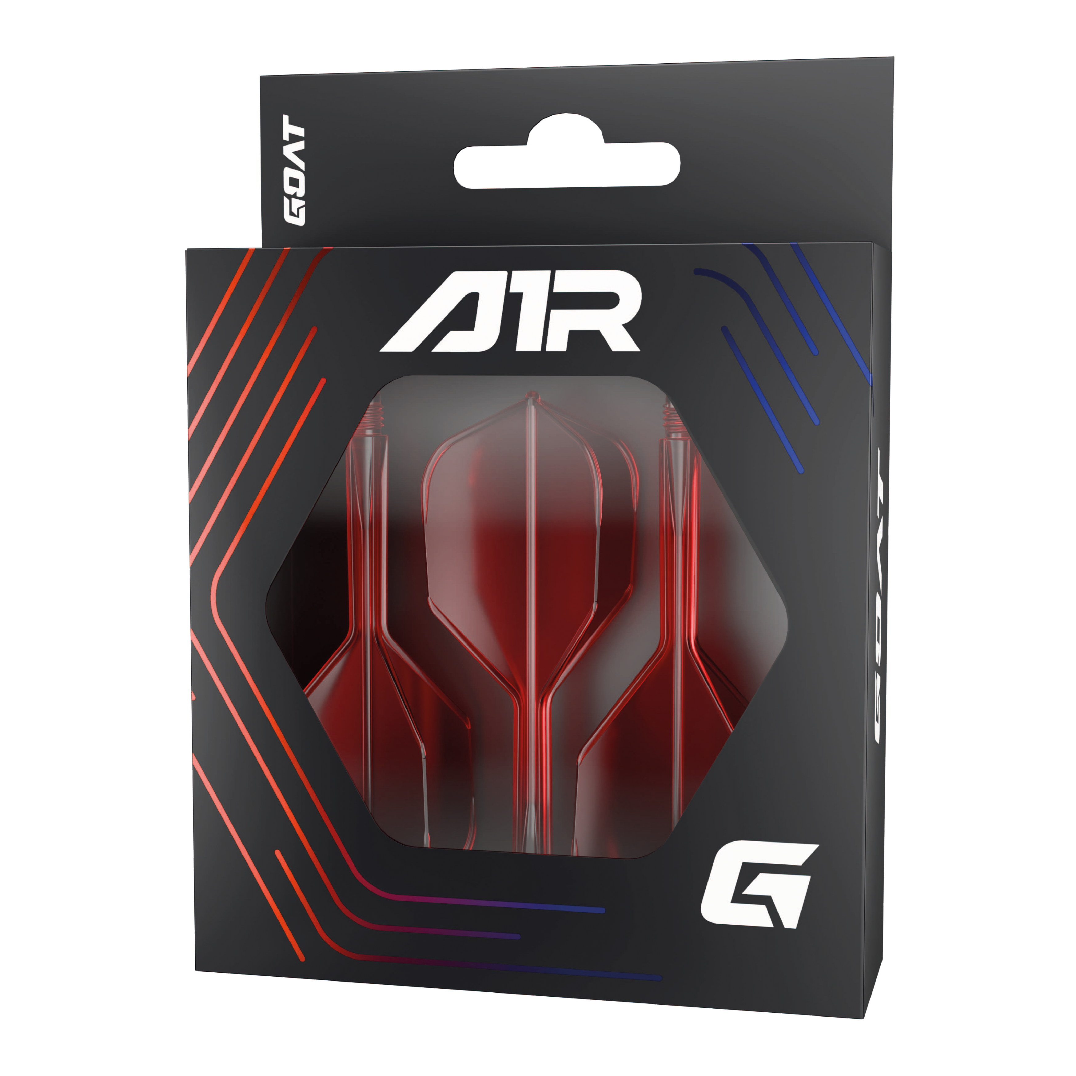 GOAT A1R No6 Flight-Shaft-System - Rot Die Abbildung zeigt das Produkt "GOAT A1R No6 Flight-Shaft-System – Rot" in seiner Verpackung. Im Sichtfenster der Schachtel sind drei rote Dart-Flights und -Schäfte zu sehen.