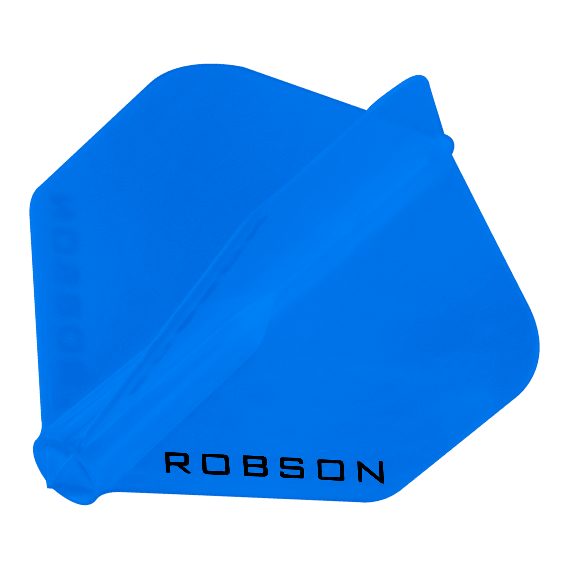Dieses Bild zeigt ein blaues Dartflight mit der Aufschrift "ROBSON". Das Flight hat eine klassische Form und ist vollständig in Blau gehalten.
