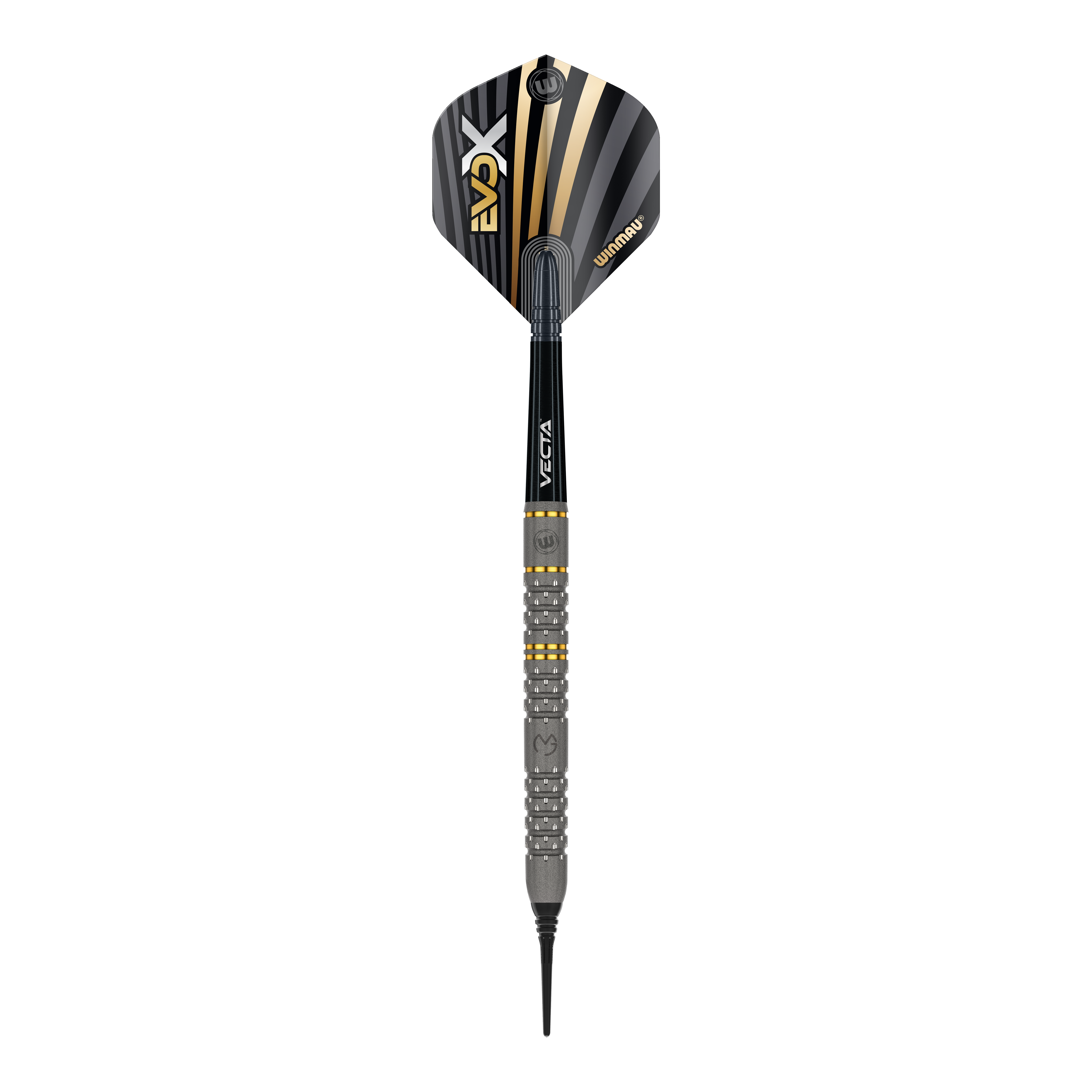 Winmau Michael Van Gerwen Evo-X Softdarts - 20g Das Bild zeigt einen Winmau Michael Van Gerwen Evo-X Softdart mit einem Gewicht von 20g. Der Dart hat ein modernes Design mit schwarz-goldenen Akzenten und einer strukturierten Griffzone.
