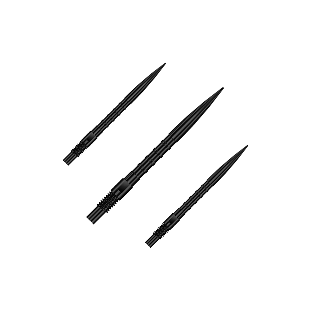 Harrows Quick Point Heavy Metal Dartspitzen - Schwarz Zu sehen ist QP33164 Harrows Quick Point HeavyMetalGrip Dartspitzen Schwarz 26mm 1Set. Es handelt sich um schwarze Ersatz-Dartspitzen mit speziellem Grip.