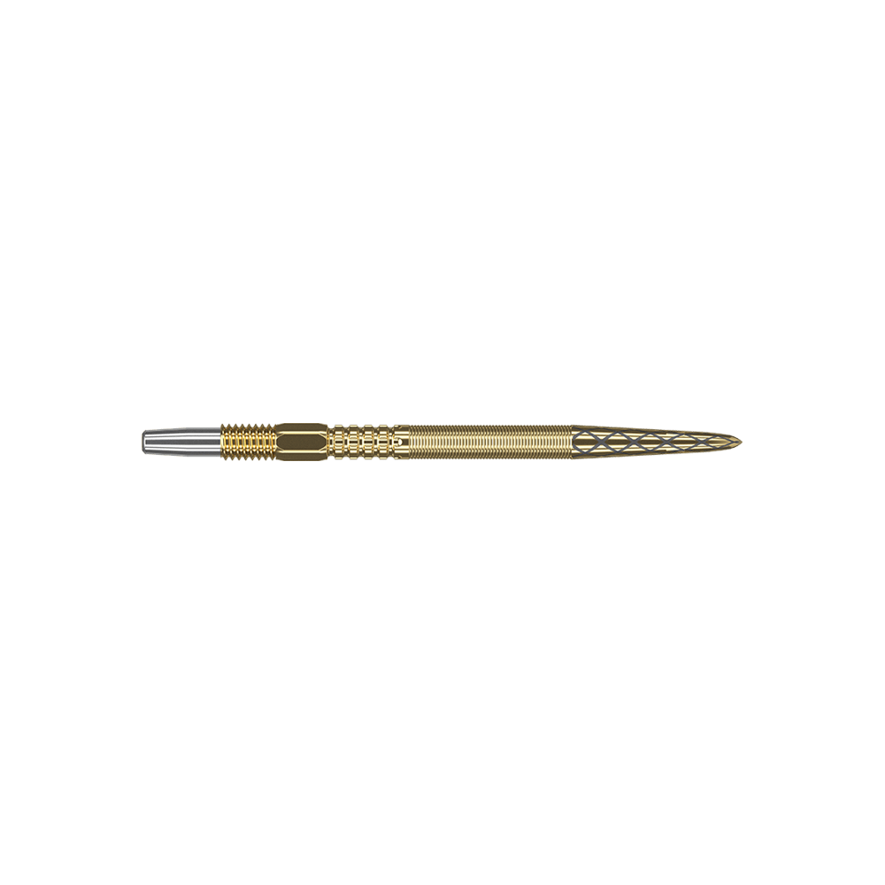 340050_Target_Swiss_Point_DX_Gold_Dartspitzen_30mm_2 Dies ist eine goldene Dartspitze mit detailliertem Muster. Sie hat einen silbernen Anschluss am hinteren Ende.