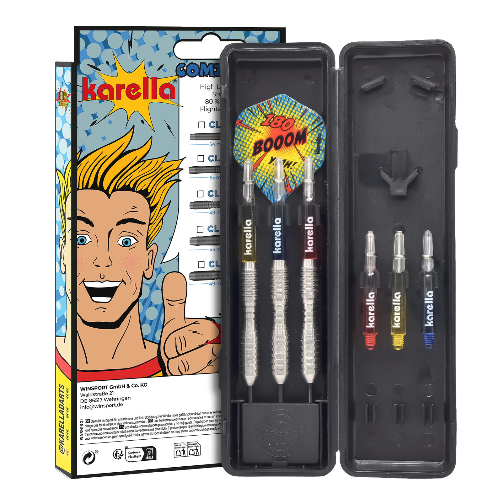 Karella Comic Line CL-3 Steeldarts - 24g Die Abbildung zeigt die Karella Comic Line CL-3 Steeldarts mit einem Gewicht von 24g. Die Darts sind für den professionellen Einsatz geeignet und haben ein ansprechendes Design.