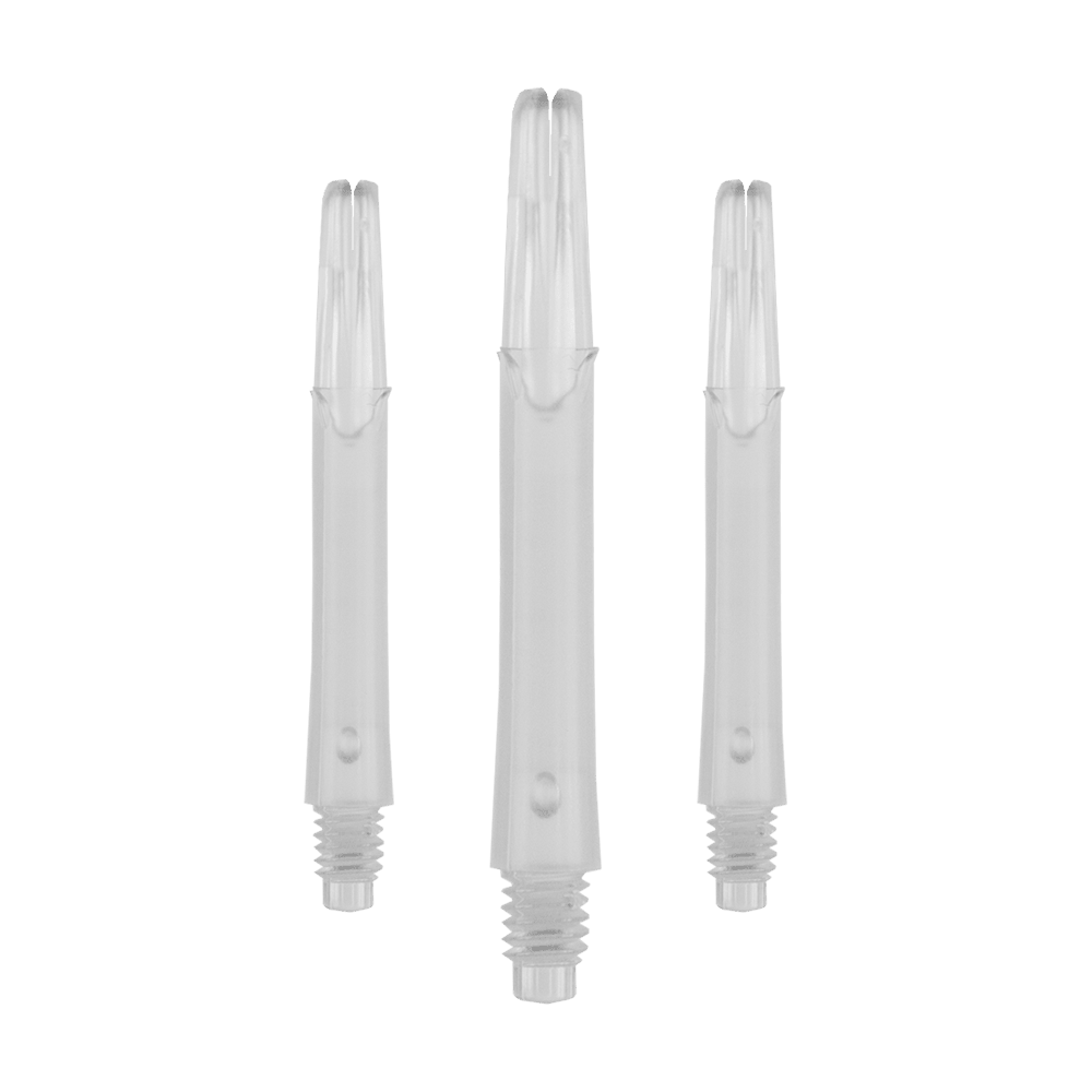 L-Style L-Shafts Locked Straight - Clear 260 Auf dem Bild sind drei durchsichtige, gerade Shafts für Dartpfeile zu sehen. Sie haben ein Gewinde am unteren Ende und sind ohne Kappen abgebildet.