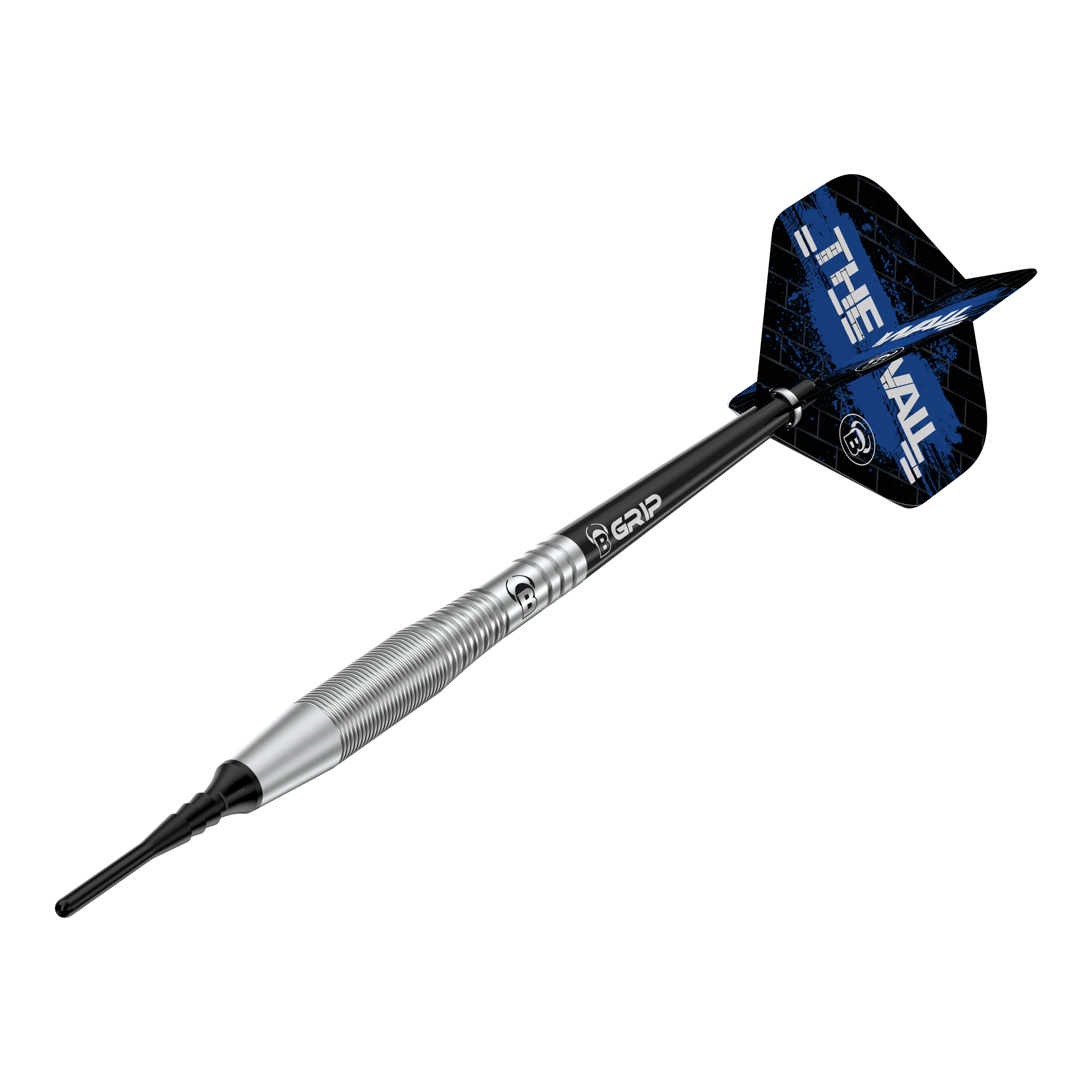 Auf dem Bild ist der Bulls Martin Schindler TW80 Softdart mit einem Gewicht von 18g zu sehen. Der Dart hat ein silbernes Barrel und schwarze Flights mit blauem Design.