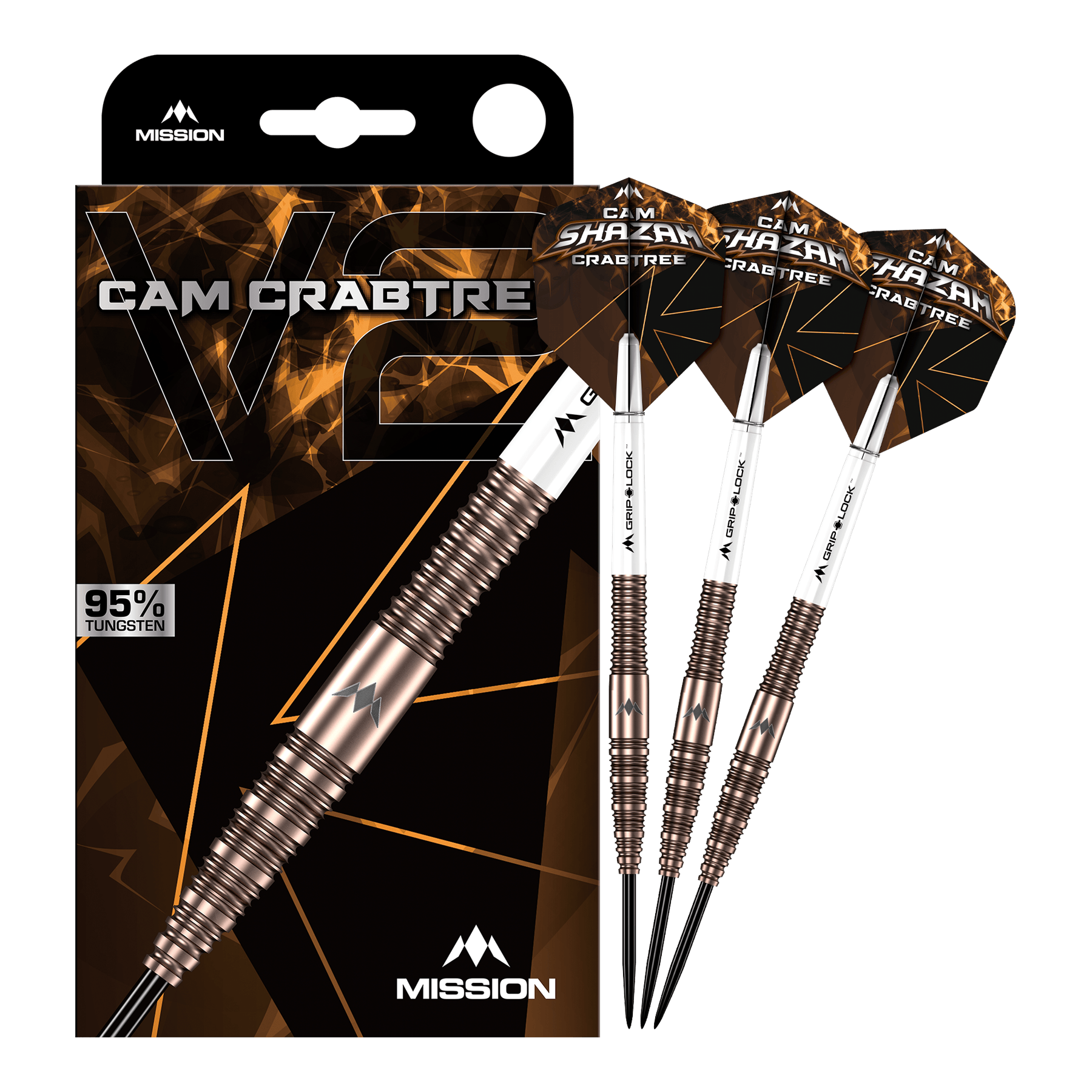 Mission Cam Crabtree V2 95% Tungsten Steeldarts Das Bild zeigt die Mission Cam Crabtree V2 Steeldarts in voller Ansicht. Es handelt sich um ein Set von Steeldarts, präsentiert von vorne.
