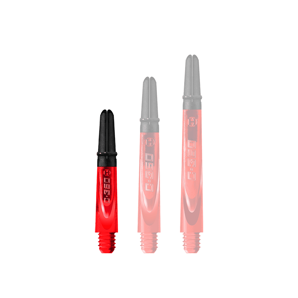 HR455_Harrows_Carbon_360_Shafts_Rot_35mm_1 Auf dem Bild sind drei rote Dartschäfte mit schwarzem oberen Ende zu sehen. Sie haben unterschiedliche Längen und tragen die Aufschrift „C-360“.