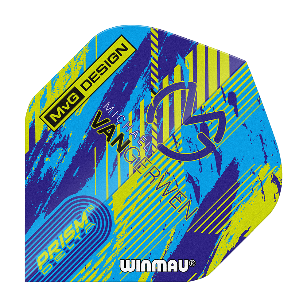 Das Bild zeigt ein buntes Dartflight mit dem Namen "Winmau Delta Michael Van Gerwen Prism 04 Standard Flights". Auf dem Flight sind verschiedene Schriftzüge und ein modernes Design in Blau, Gelb und Lila zu sehen.