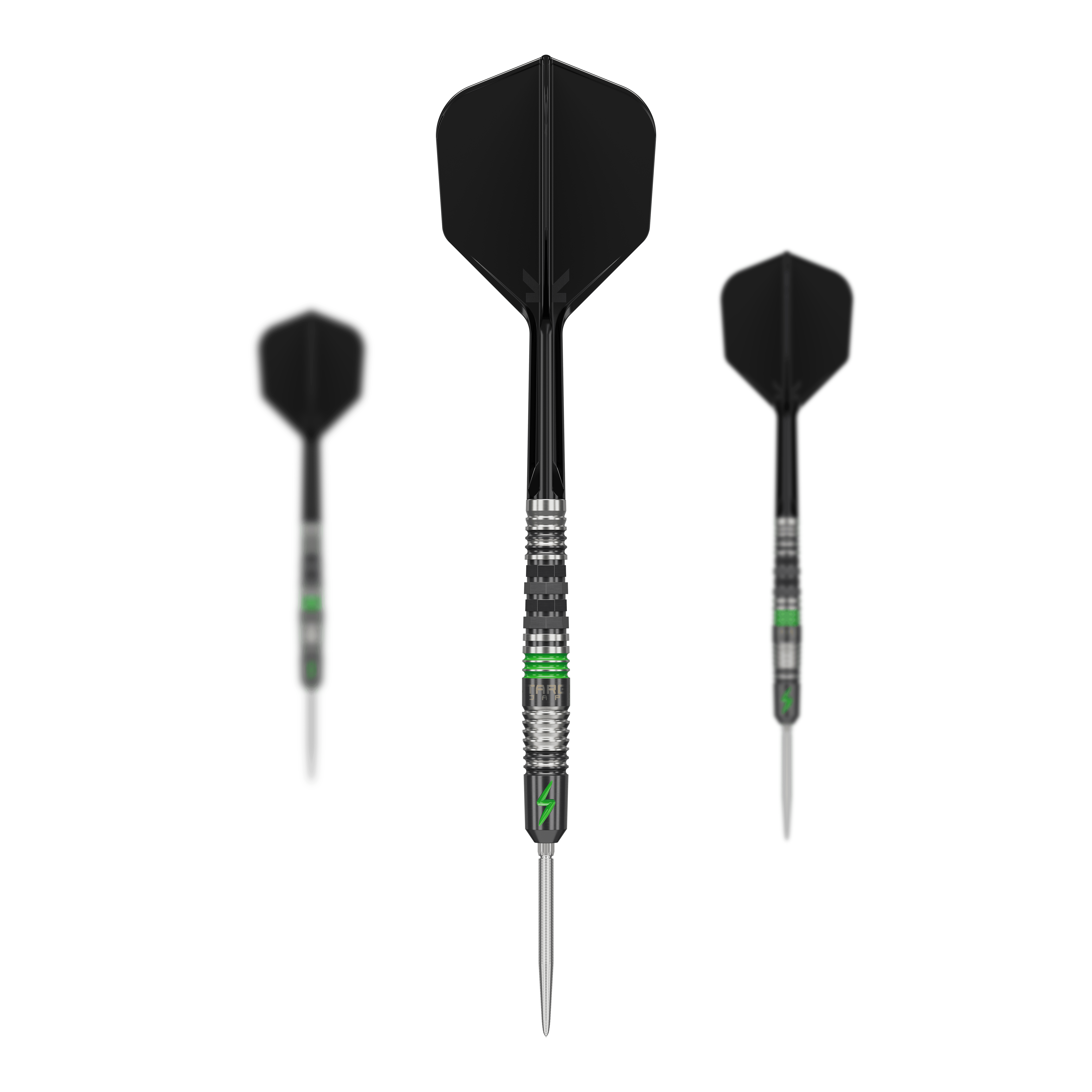 Das Bild zeigt drei Target Japan Black Marque Lightning 3 SP Steeldarts mit schwarzem Flight und silber-grünem Barrel. Die Darts sind modern gestaltet und besitzen eine schlanke, spitze Spitze.