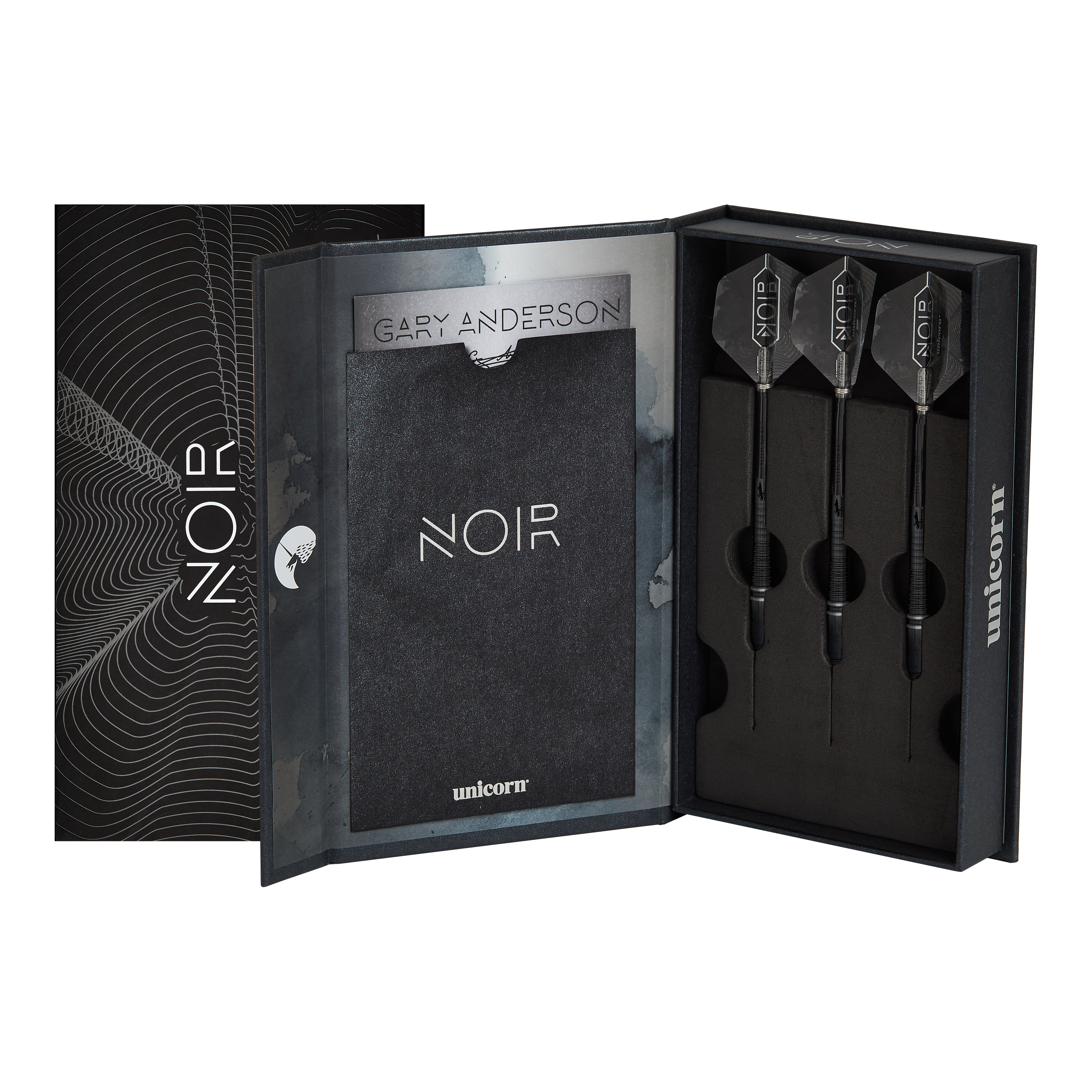 Das Bild zeigt eine elegante schwarze Verpackung mit drei Steeldarts, die als "Unicorn World Champion Gary Anderson Noir Phase 6" bezeichnet werden. Die Darts und die Schachtel sind modern und hochwertig gestaltet.
