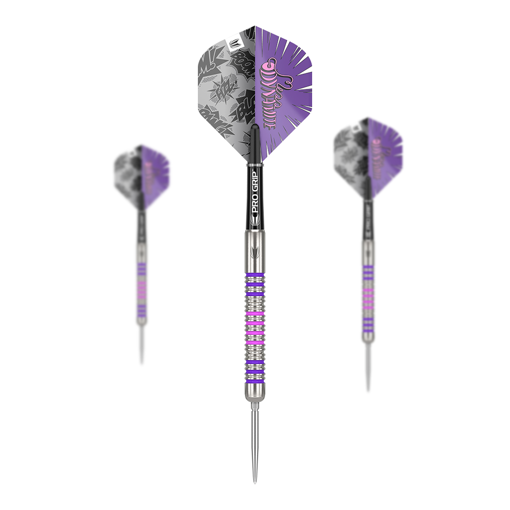 Das Bild zeigt drei Steeldarts des Modells "Target Eleanor Cairns GEN1 Swiss Point - 24g". Die Darts haben ein silbernes Barrel mit lila und rosa Akzenten sowie auffällige lila Flights mit Comic-Motiv.