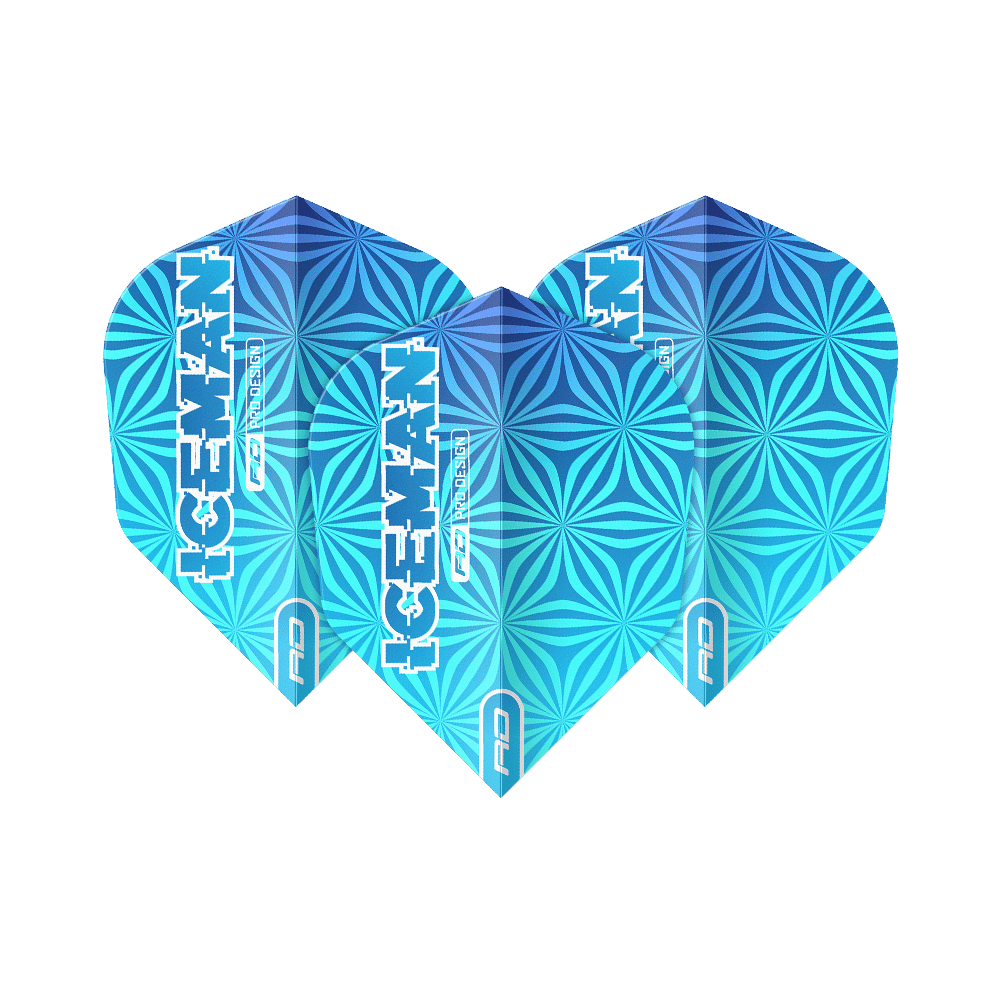 Das Bild zeigt drei blaue Dart-Flights mit geometrischem Muster und der Aufschrift "ICEMAN". Die Flights tragen das Logo "Red Dragon" und sind das Modell "Gerwyn Price Iceman Blue No6".