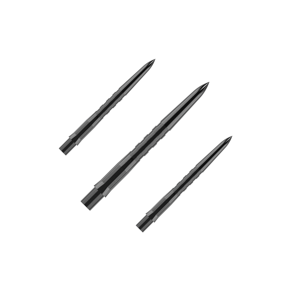 Mission Caliburn EVO Dartspitzen - Grooved - Schwarz Das Bild zeigt drei schwarze, gerillte Steeldartspitzen, die parallel zueinander liegen. Die Spitzen sind spitz zulaufend und haben eine glänzende Oberfläche.