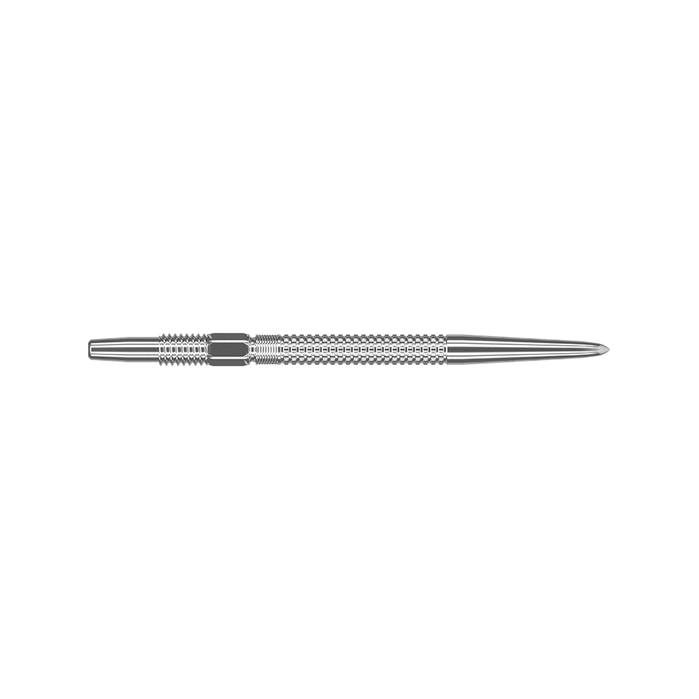 Target Swiss Point GRD Silver Dartspitzen Das Bild zeigt die Target Swiss Point GRD Silver Dartspitzen. Die Dartspitze ist silberfarben und hat eine geriffelte, strukturierte Oberfläche.