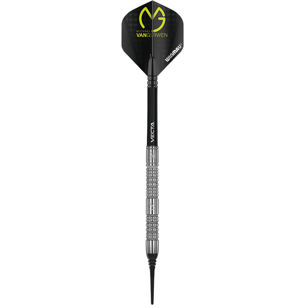 Das Bild zeigt einen Winmau Michael Van Gerwen MvG Absolute Softdart. Der Dartpfeil hat schwarze und silberne Elemente sowie eine schwarze Flights mit gelber Aufschrift.