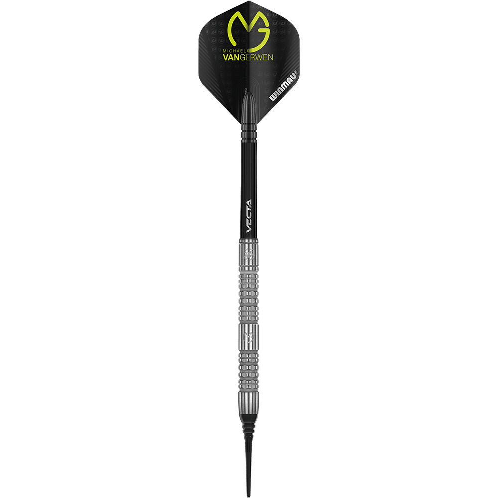 2431_Winmau_Michael_Van_Gerwen_MvG_Absolute_Softdarts_1yQOvT2fizt2BK Das Bild zeigt einen Winmau Michael Van Gerwen MvG Absolute Softdart. Der Dartpfeil hat schwarze und silberne Elemente sowie eine schwarze Flights mit gelber Aufschrift.