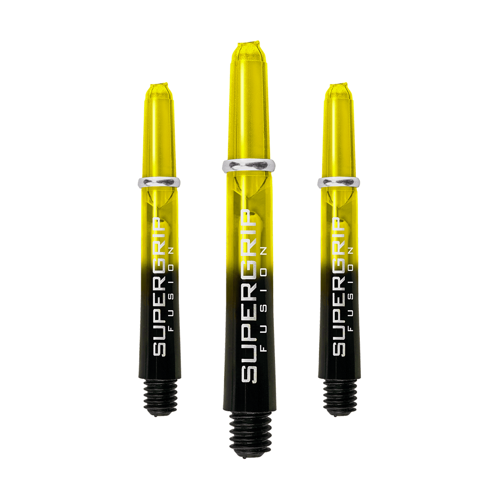 HR348_Harrows_Supergrip_Fusion_Shafts_Gelb_33mm_1SuEnDrgq4c1Nw Das Bild zeigt drei gelbe Harrows Supergrip Fusion Shafts. Die Schäfte sind unten schwarz und oben durchsichtig gelb gefärbt.