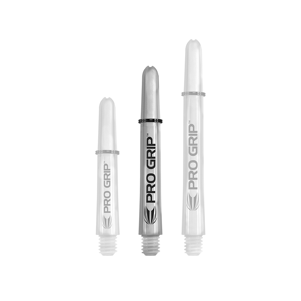 Target Pro Grip Shafts - 3 Sets - Transparent Das Bild zeigt drei durchsichtige "Pro Grip" Schäfte für Darts in unterschiedlicher Länge. Sie sind alle vertikal aufgereiht und haben die Aufschrift "PRO GRIP".