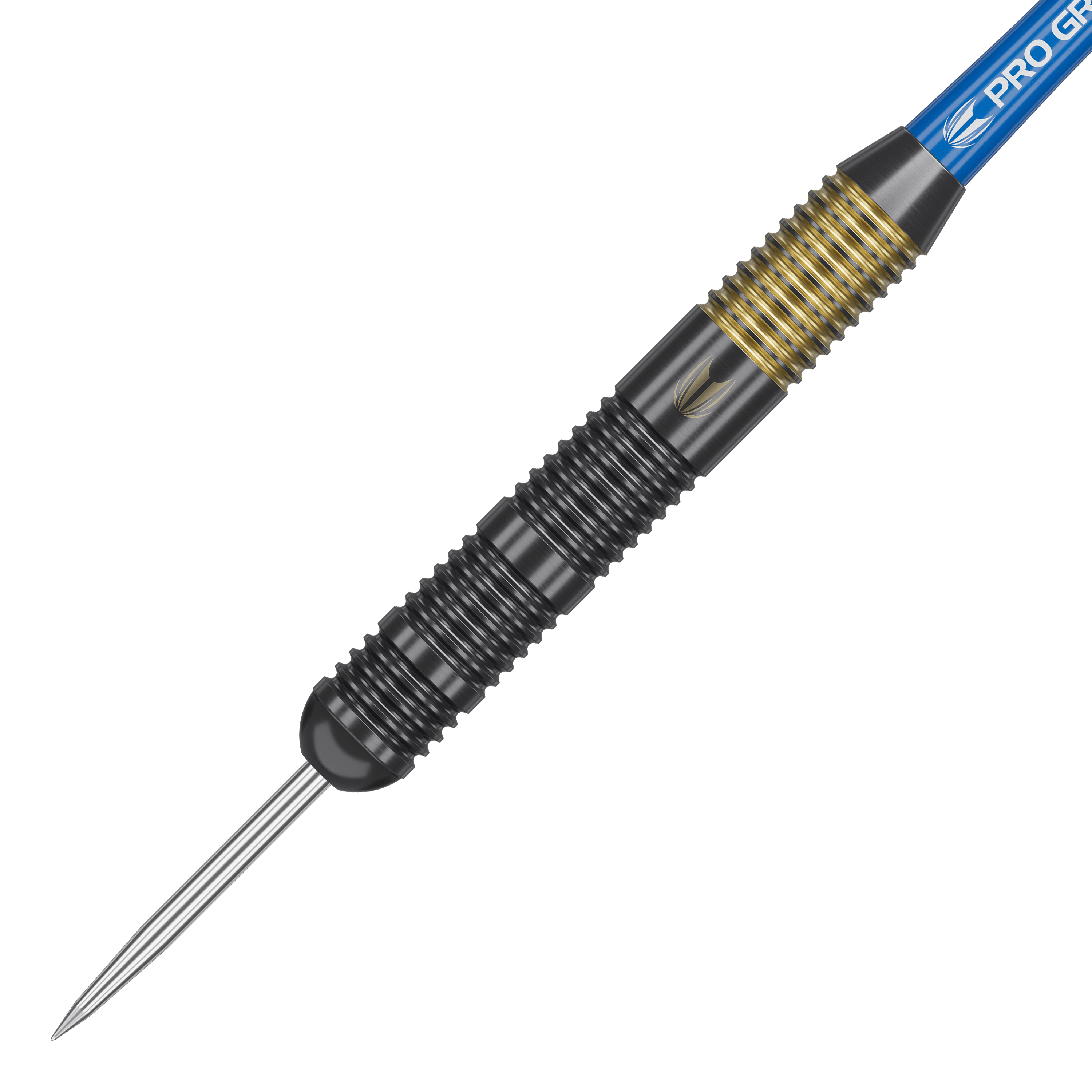 Target Josh Rock Brass Steeldarts - 22g Das Bild zeigt den Target Josh Rock Brass Steeldart mit einem Gewicht von 22g. Der Dart hat ein schwarzes Griffstück mit goldenen Rillen und einer silbernen Spitze.