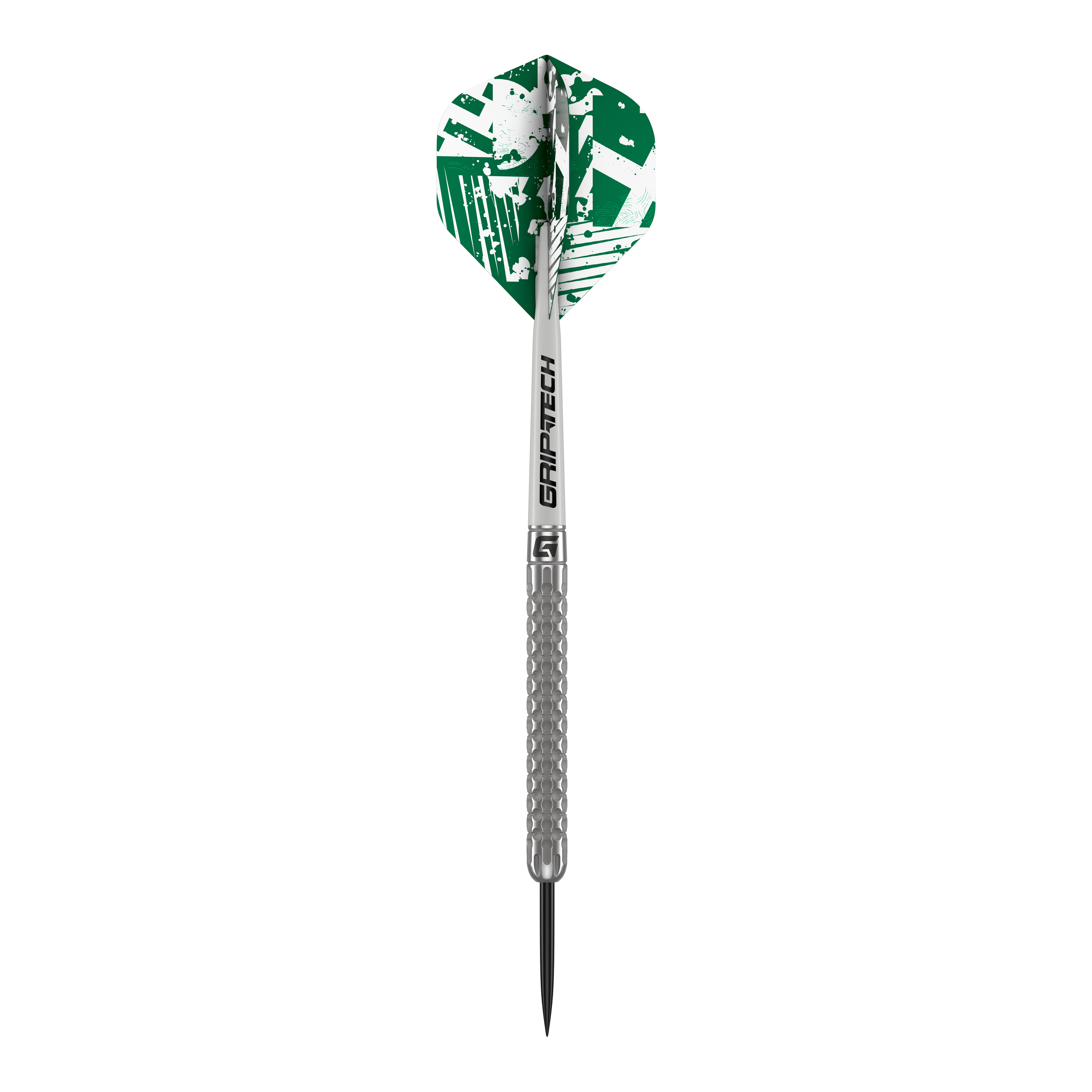 GOAT Fairway V1 Tungsten Steeldarts Das Bild zeigt einen GOAT Fairway V1 Tungsten Steeldart mit silbernem Schaft und Griffbereich. Die Dartflügel sind grün-weiß gemustert und tragen den Schriftzug "GRIP-TECH".