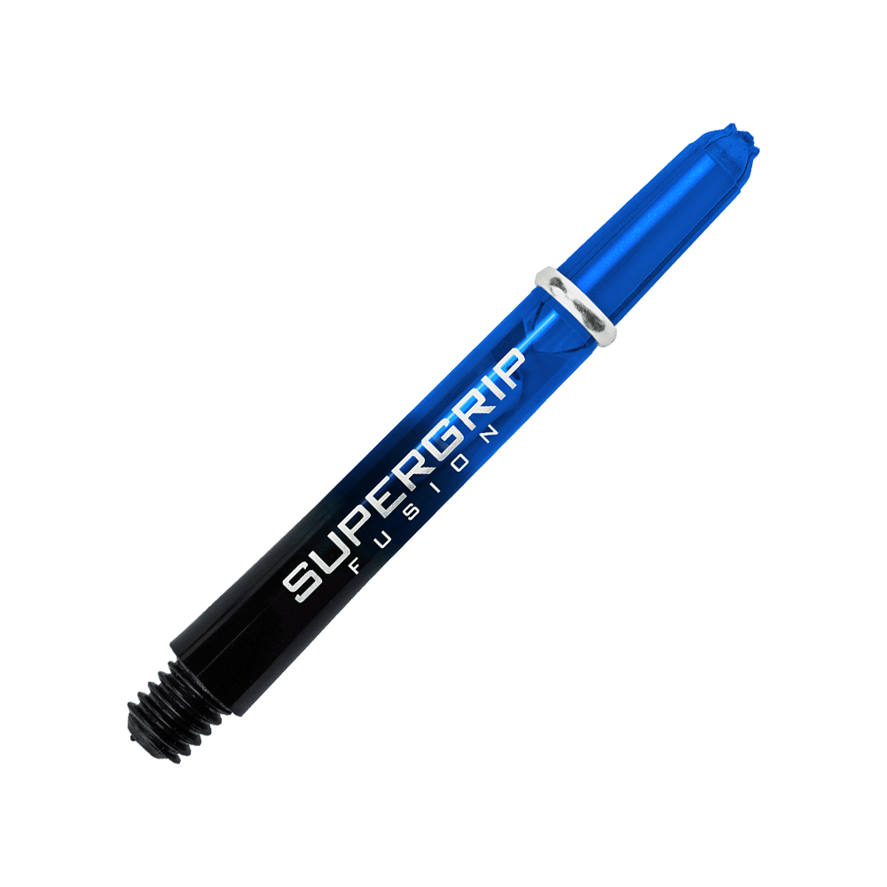 Das Bild zeigt einen blauen Harrows Supergrip Fusion Shaft für Darts. Der Schriftzug "SUPERGRIP FUSION" ist auf dem Schaft gut sichtbar.