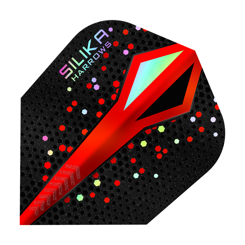 Das Bild zeigt ein rotes Dart-Flight mit dem Produktnamen „Harrows Silika Colourshift Tough Crystalline Coating Red No6“. Der Hintergrund ist schwarz mit bunten, sechseckigen Punkten und einem auffälligen, glänzenden Muster.