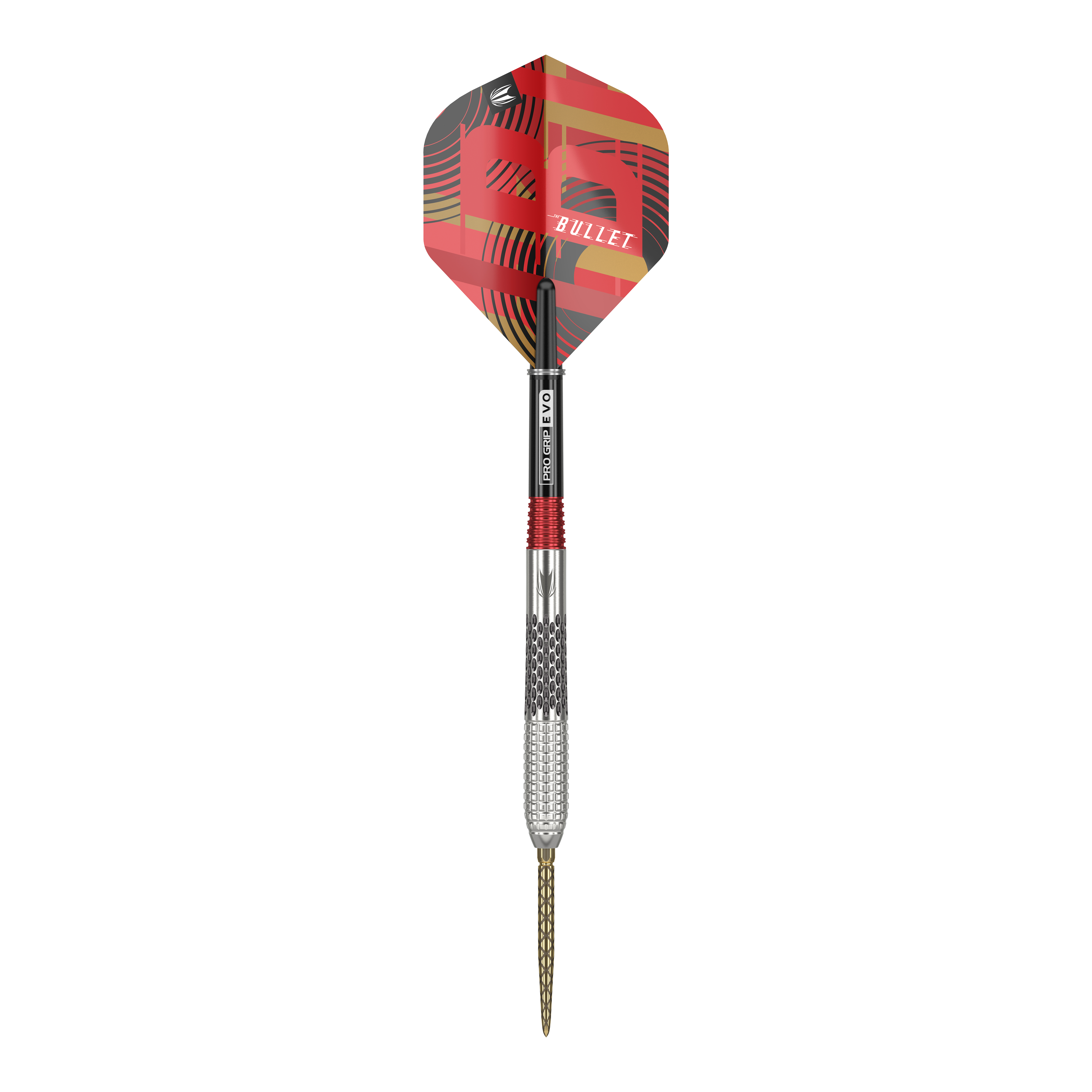 Target Stephen Bunting GEN5 Swiss Point Steeldarts Auf dem Bild ist ein Steeldartpfeil mit einer silbernen Spitze und einem rot-schwarzen Schaft zu sehen. Die Dartflügel sind rot gemustert und tragen die Aufschrift "BULLET".