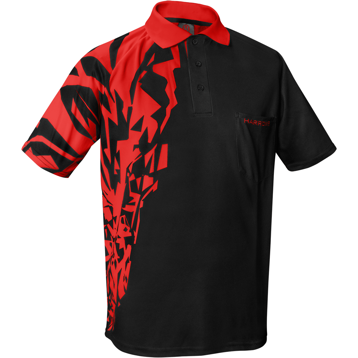 Das Bild zeigt das Harrows Rapide Dartshirt in Rot und Schwarz mit einem auffälligen, abstrakten Muster. Das Shirt hat einen Kragen, eine Knopfleiste und eine Brusttasche mit dem Harrows-Logo.
