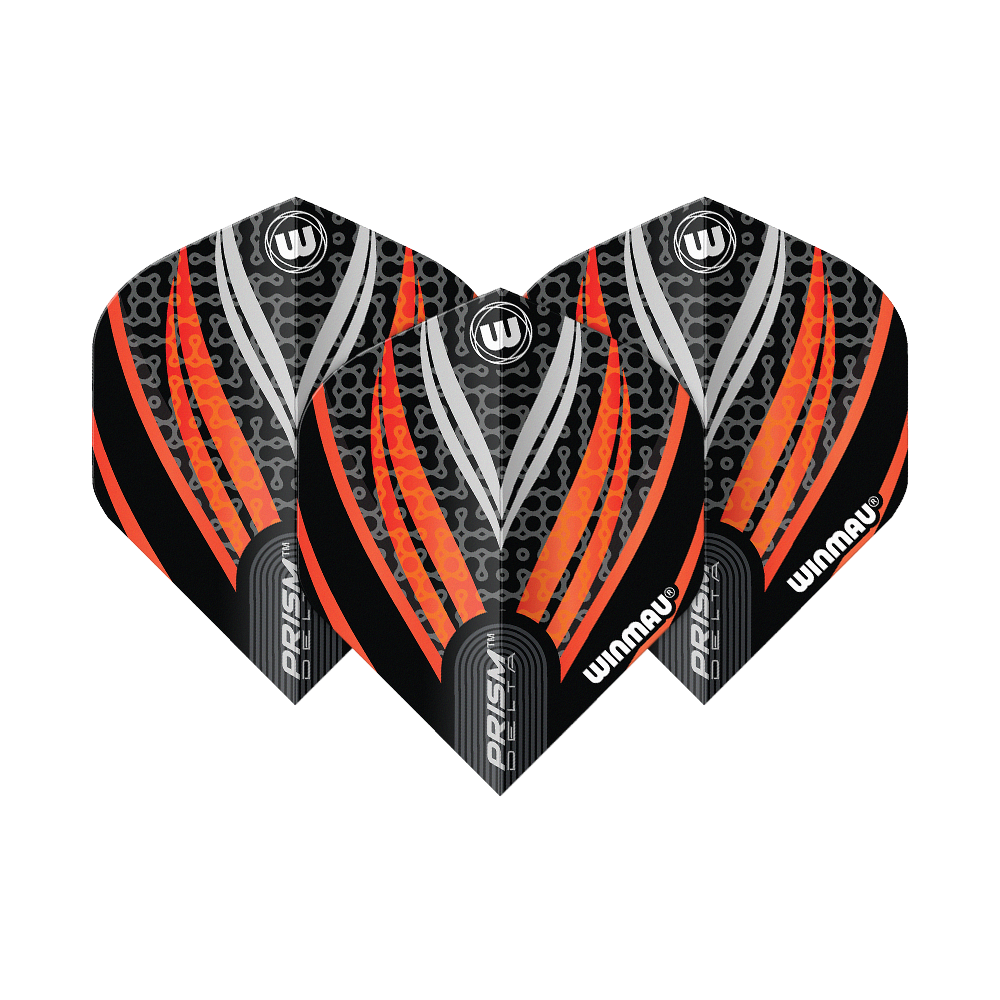 Winmau Prism Delta Schwarz Weiß Orange No2 Standard Flights Das Bild zeigt drei Dart-Flights des Modells "Winmau Prism Delta" in Schwarz, Weiß und Orange. Die Flights haben ein modernes Design mit auffälligen orangefarbenen und silbernen Streifen.