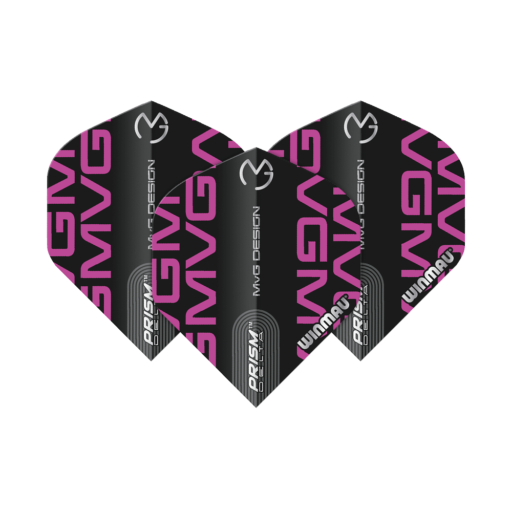 Auf dem Bild sind drei Winmau Prism Delta MvG BlackPurple Logo Standard Flights zu sehen. Sie sind schwarz mit lila Schrift und tragen das Winmau- sowie das MvG-Logo.